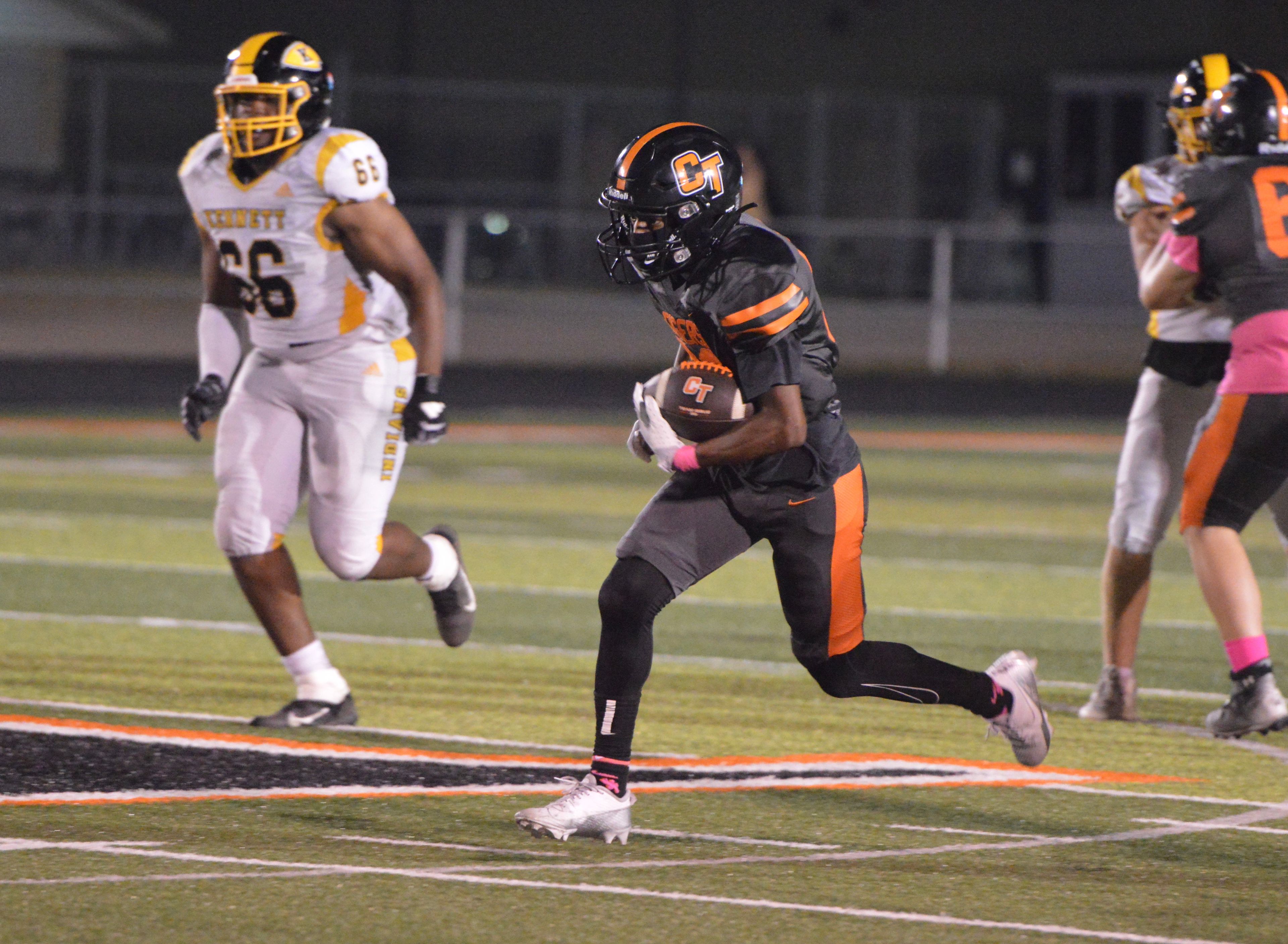 Cape Central running back Torrance Murray bursts through the middle of the Kennett defense before scoring a 52-yard rushing touchdown on Friday, Oct. 25. The junior finished with over 100 rushing yards and two touchdowns on just eight carries.