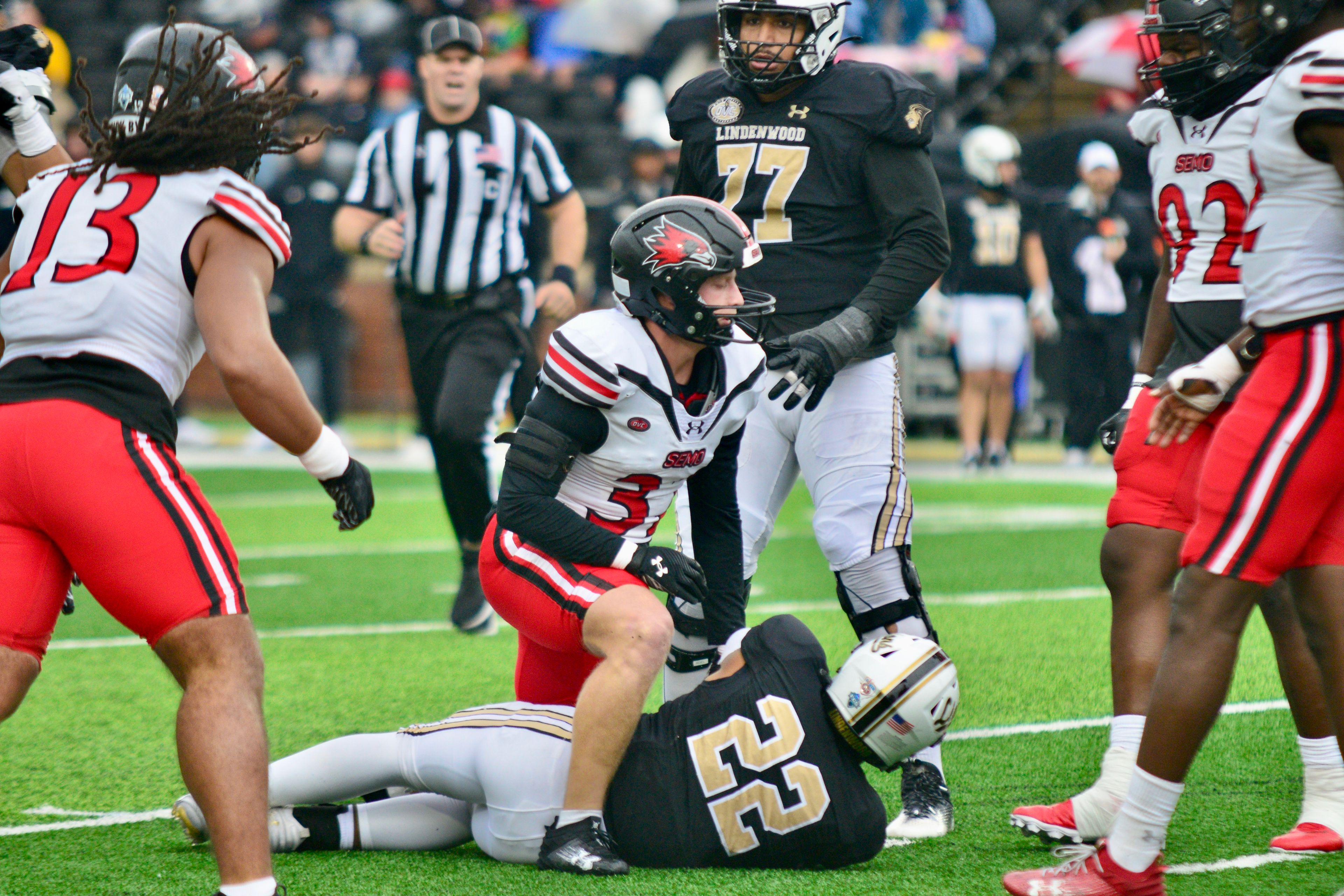 Southeast Missouri State linebacker Bryce Norman stands up after tackling a Lindenwood running back Nov. 9 in St. Charles.