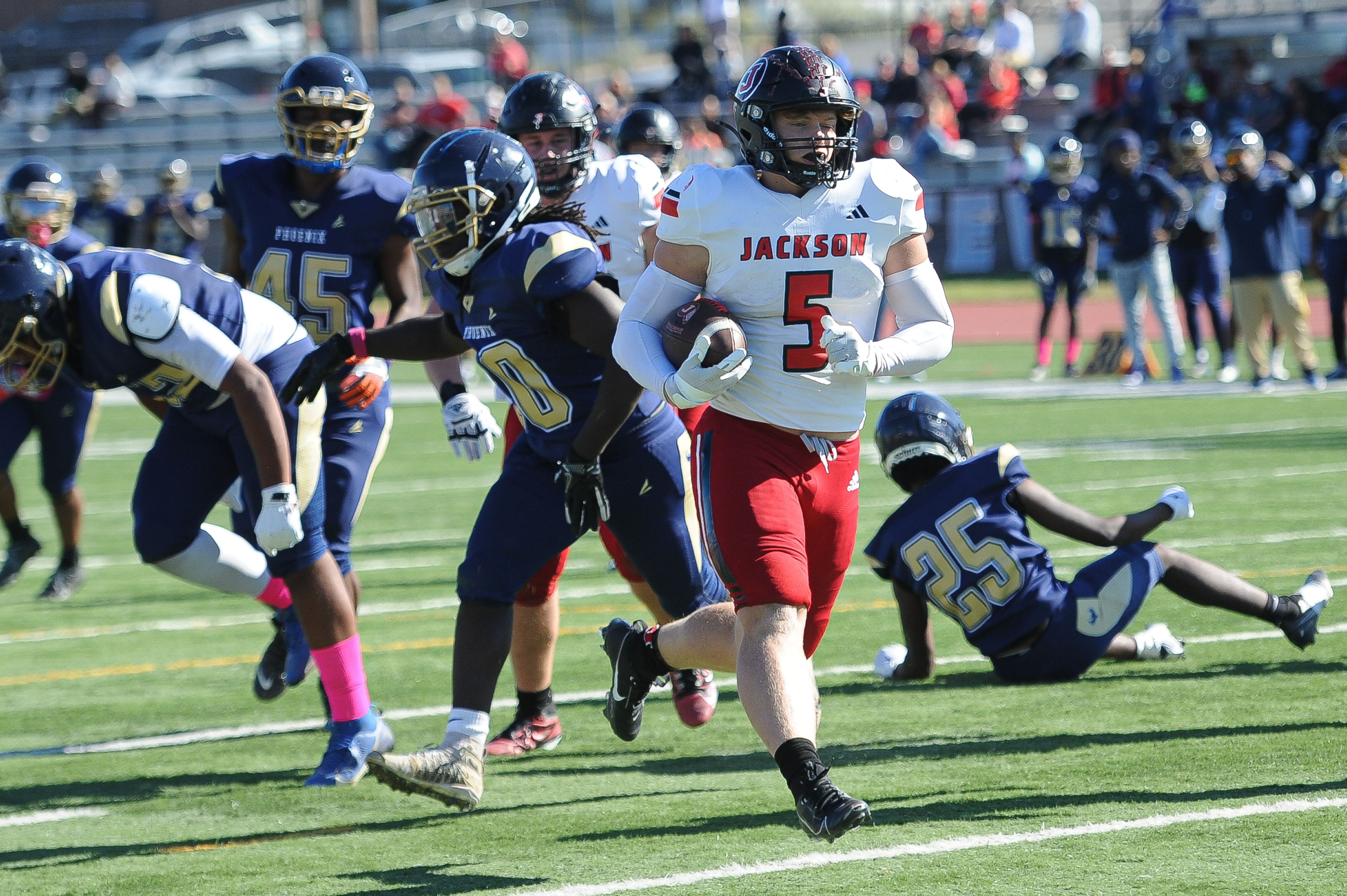 Jackson's Zach Crump strolls into the end zone during a Saturday, October 19, 2024 game between the Miller Career/Vashon Phoenix and the Jackson Indians at Gateway STEM High School in St. Louis. Jackson defeated Miller Career, 55-14.