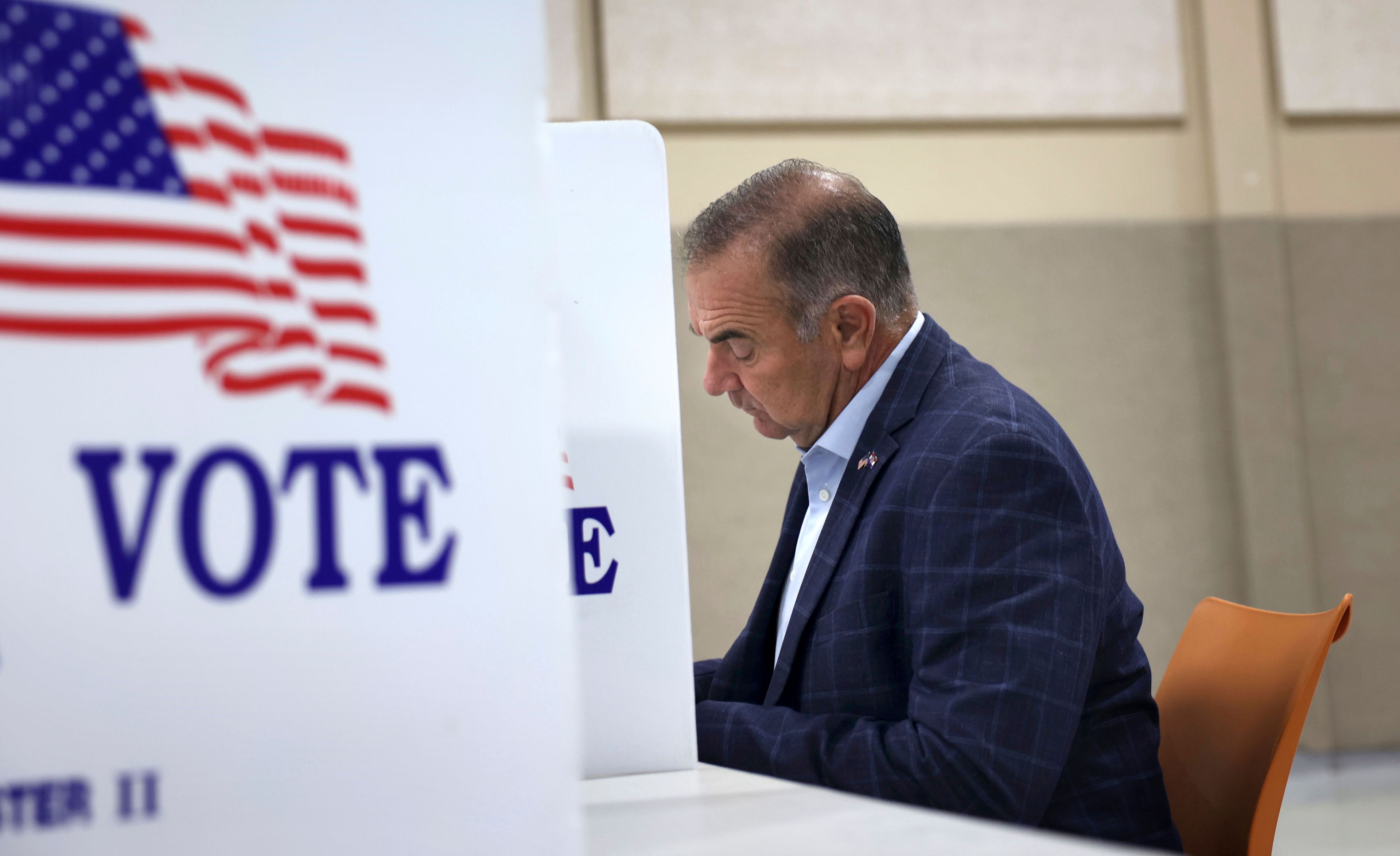 Missouri Gubernatorial candidate Mike Kehoe (R) votes Tuesday morning, Nov. 5, 2024, at Capital West Christian Church in Jefferson City, Mo. (Mallory Pool/Missourian via AP)