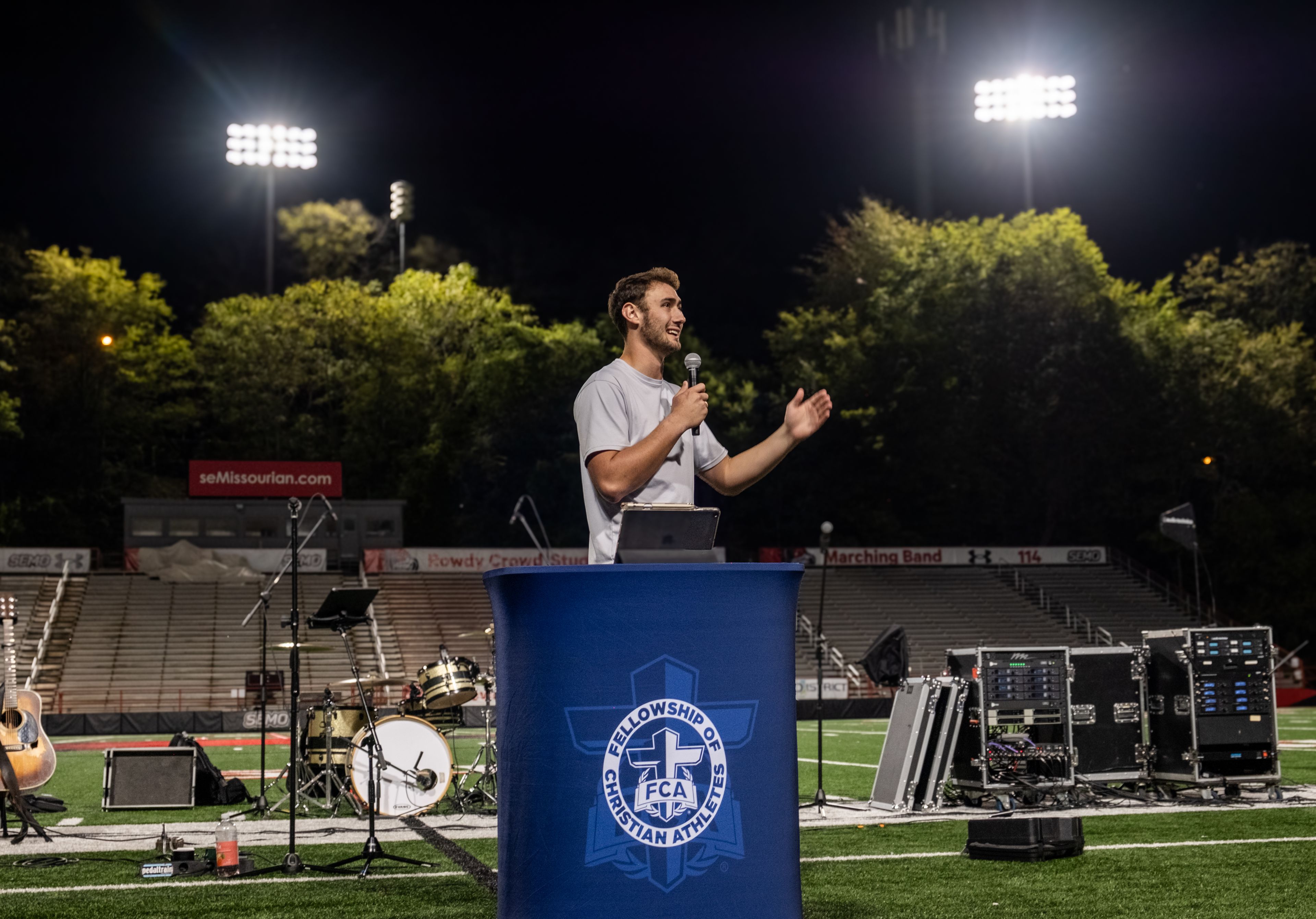 Southeast Missouri State University Redhawks senior quarterback Paxton DeLaurent of Lake of the Ozarks, shares his testimony, during the Fellowship of Christian Athletes Fields of Faith event Wednesday, Oct. 9. at Houck Stadium.