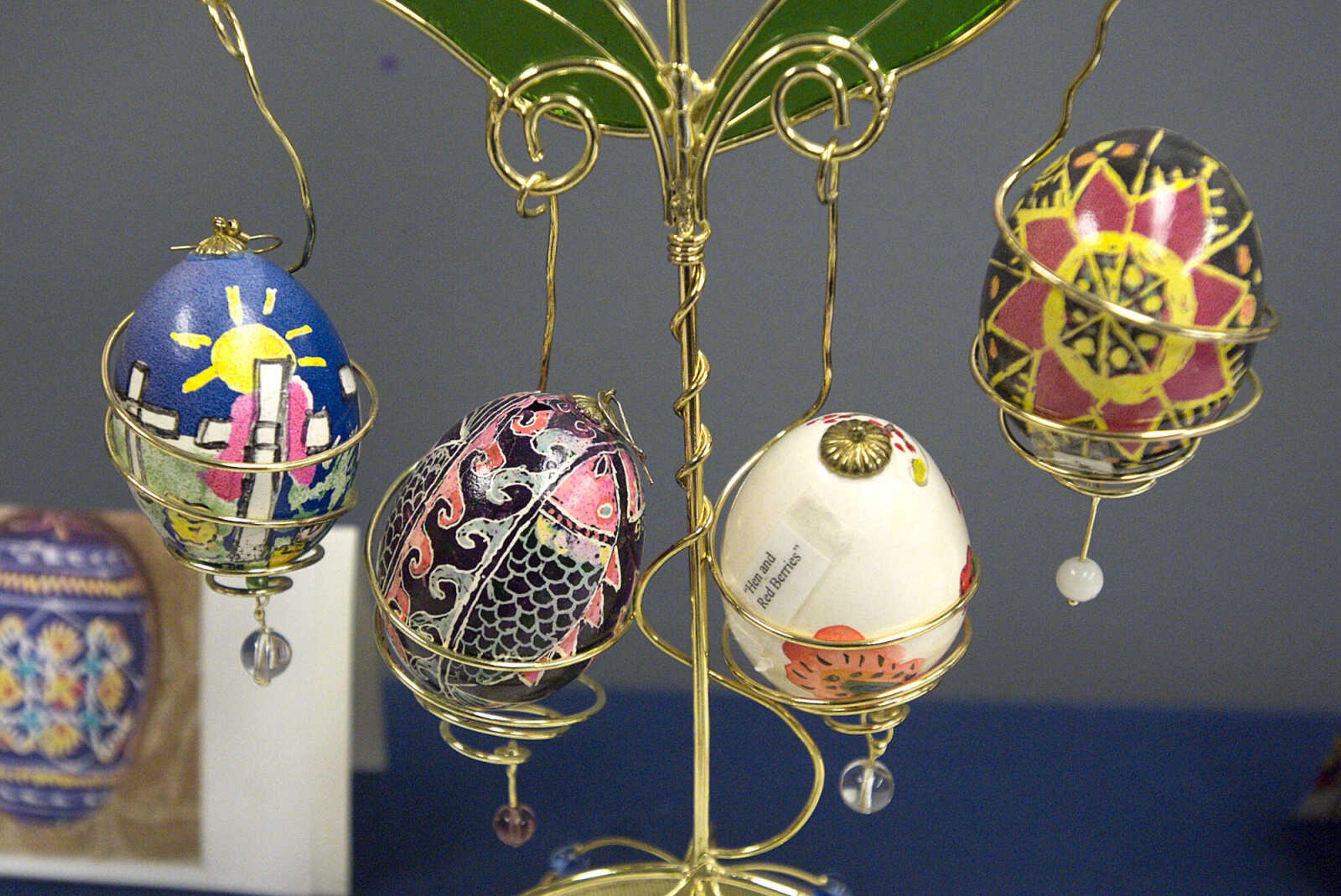 LAURA SIMON ~ lsimon@semissourian.com
Finished Ukrainian egg art on display Tuesday, March 19, 2013 during the Wonderful World of Pysanky workshop at Southeast Missouri State University's River Campus.