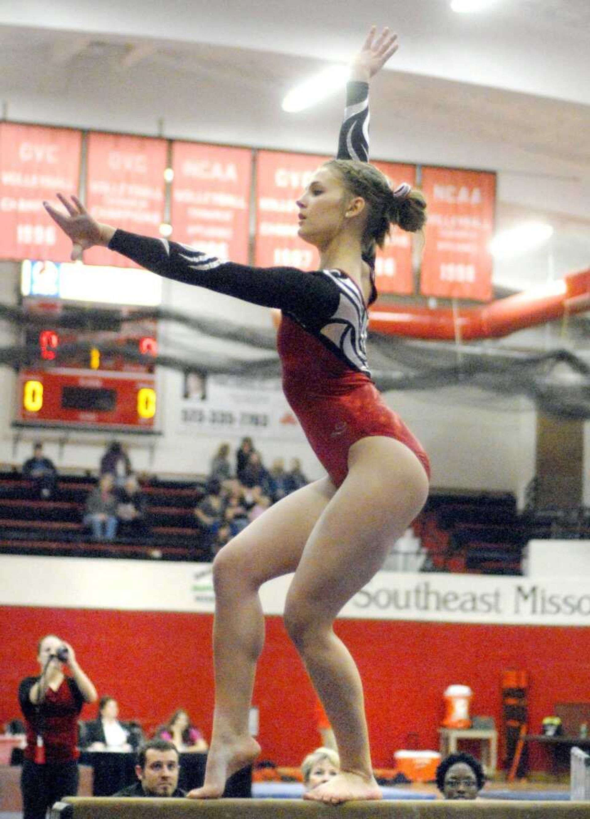 Southeast Missouri State's Taylor Westrick competes on the balance beam Friday. Check out more photos from the meet at semoball.com.