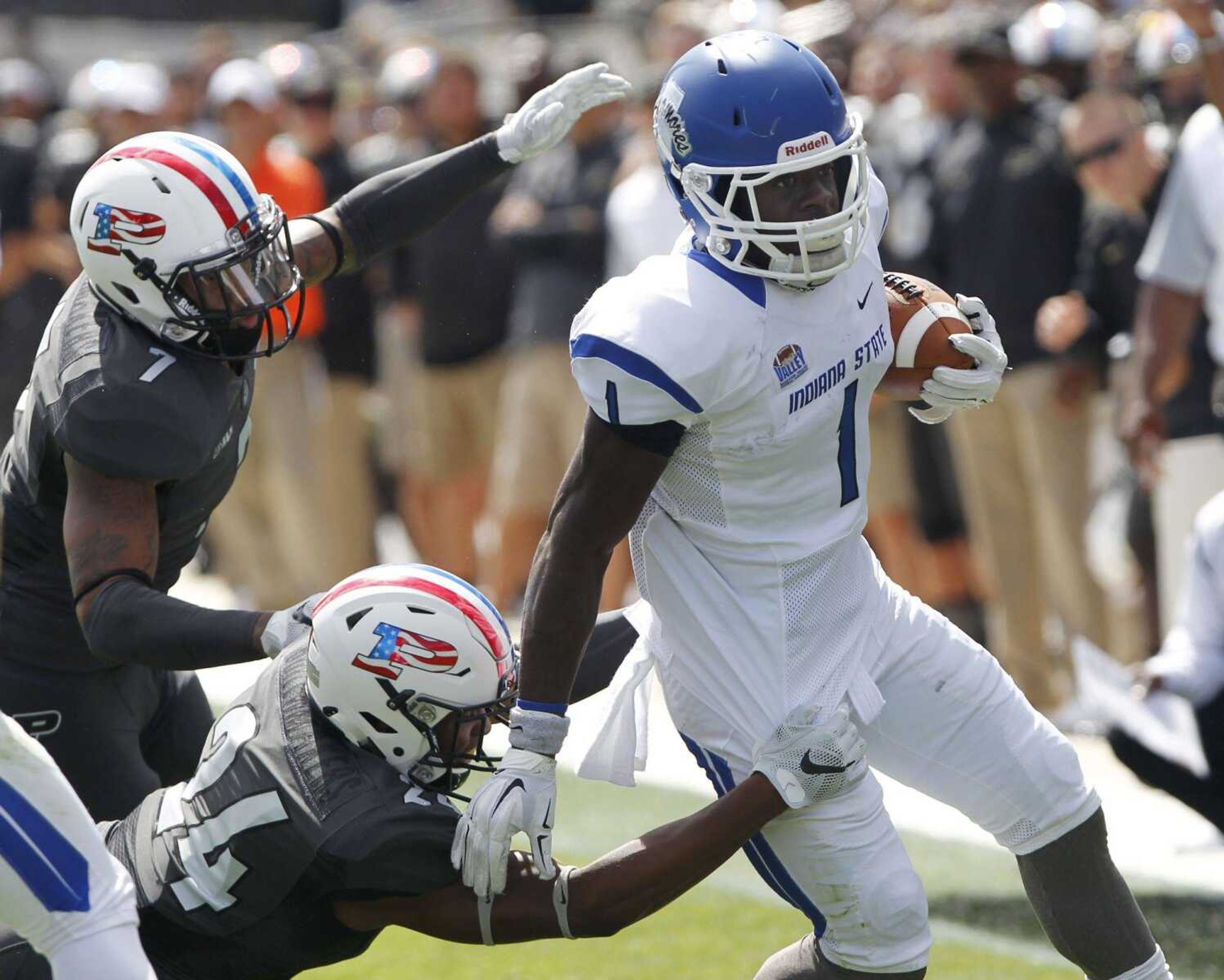 Indiana State's LeMonte Booker with a carry against Purdue during an NCAA college football game Saturday, Sept. 12, 2015, in West Lafayette, Ind. Purdue defeated ISU 38-14. (John Terhune /Journal & Courier via AP)