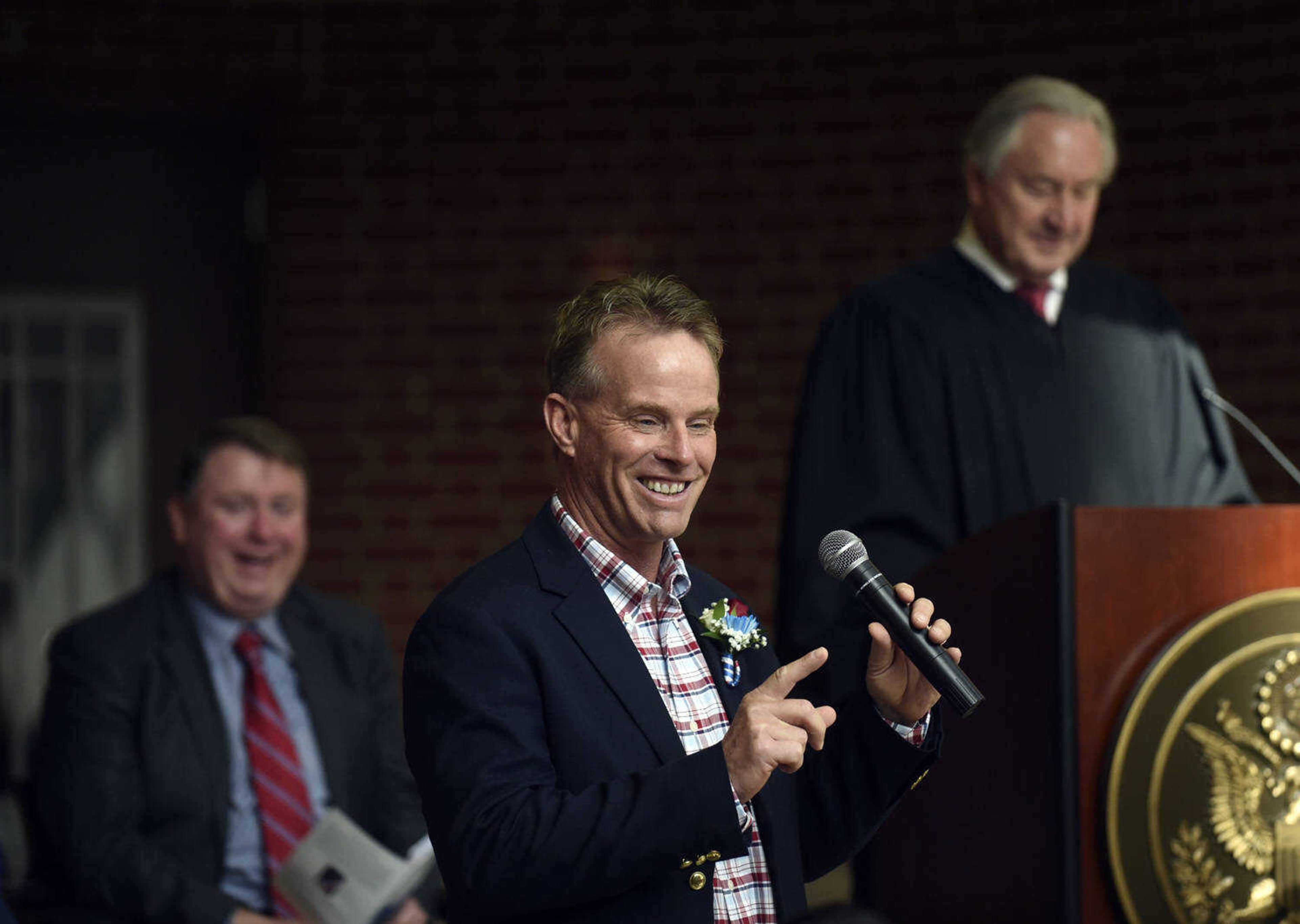 Candidate for American citizenship Robert Macgillivray shares a little bit about himself during the United States District Court Eastern District of Missouri Southeastern Division's naturalization ceremony on Friday, April 6, 2018, at the Rush Hudson Limbaugh, Jr., United States Courthouse in Cape Girardeau.