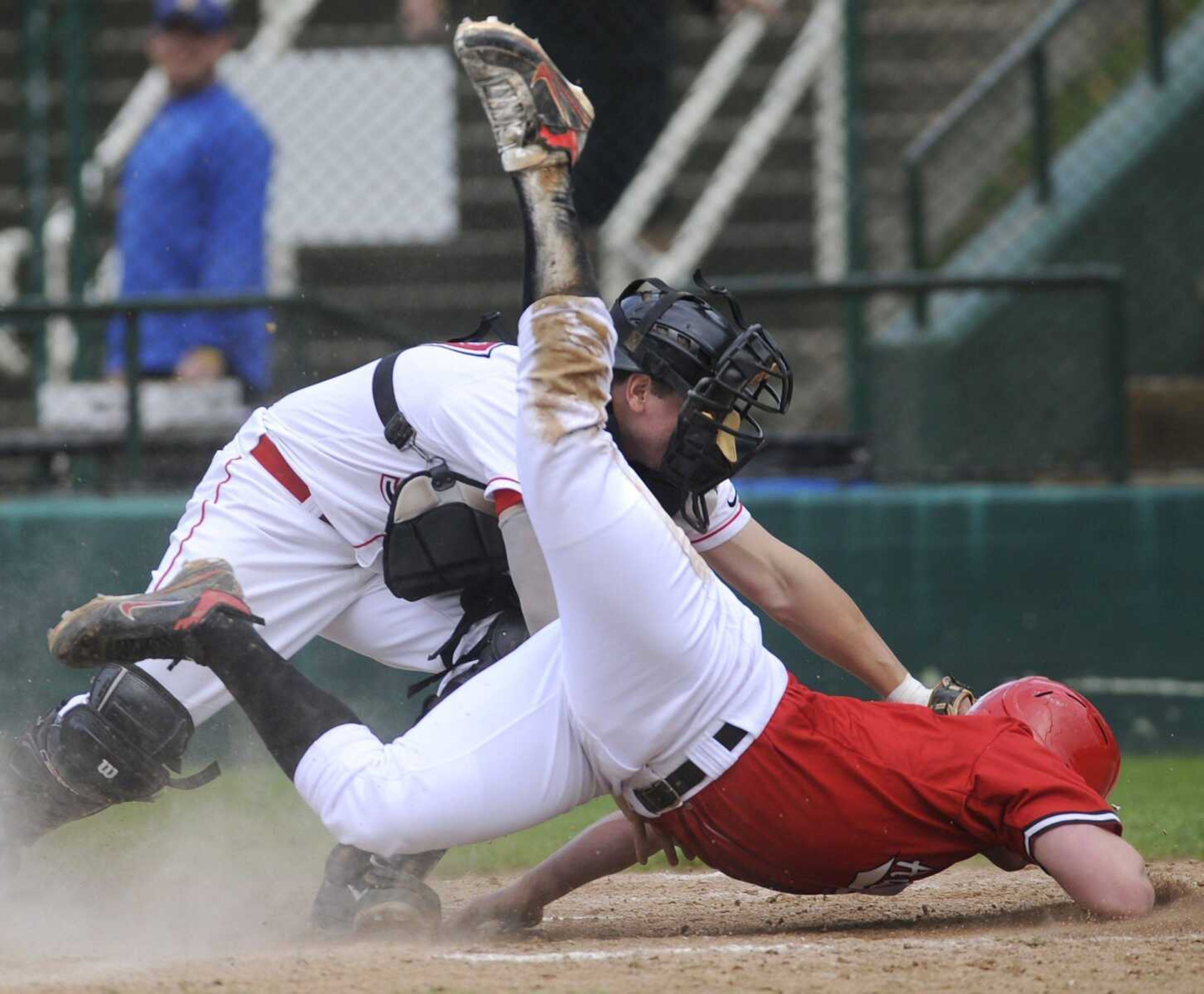 Southeast Missouri State catcher Shane Blair tags out Austin Peay&#8217;s Jordan Hankins at the plate during the third inning Friday at Capaha Field. (Fred Lynch)