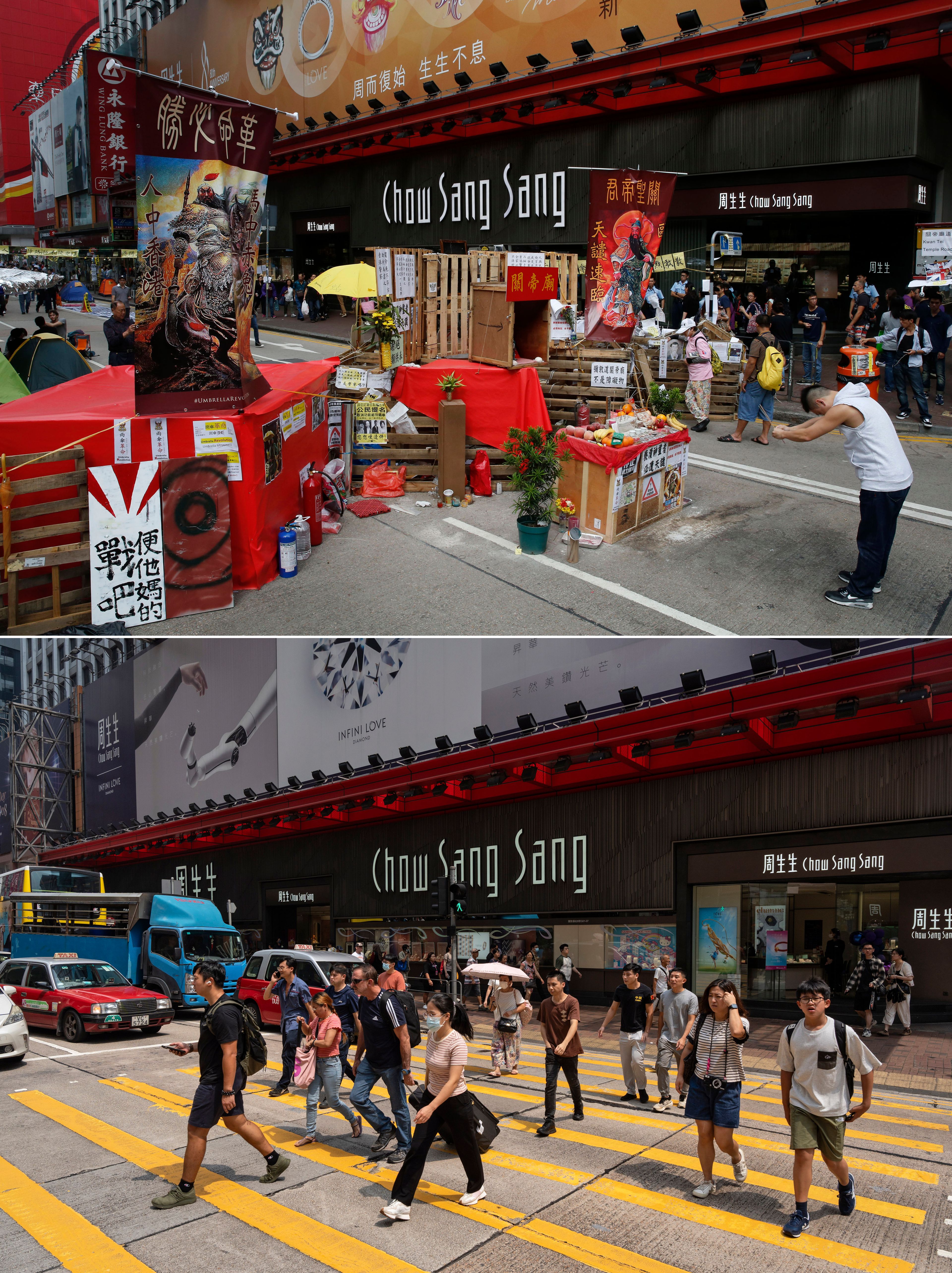 This combination image made from two photos shows a protester praying at an altar of Chinese Taoist God of War, Guan Yu, set up at a barricade on the main road of the occupied area in the Mong Kok district Hong Kong, Friday, Oct. 31, 2014, top, and the same site on Saturday, Sept. 28, 2024. (AP Photo/Kin Cheung, Chan Long Hei)