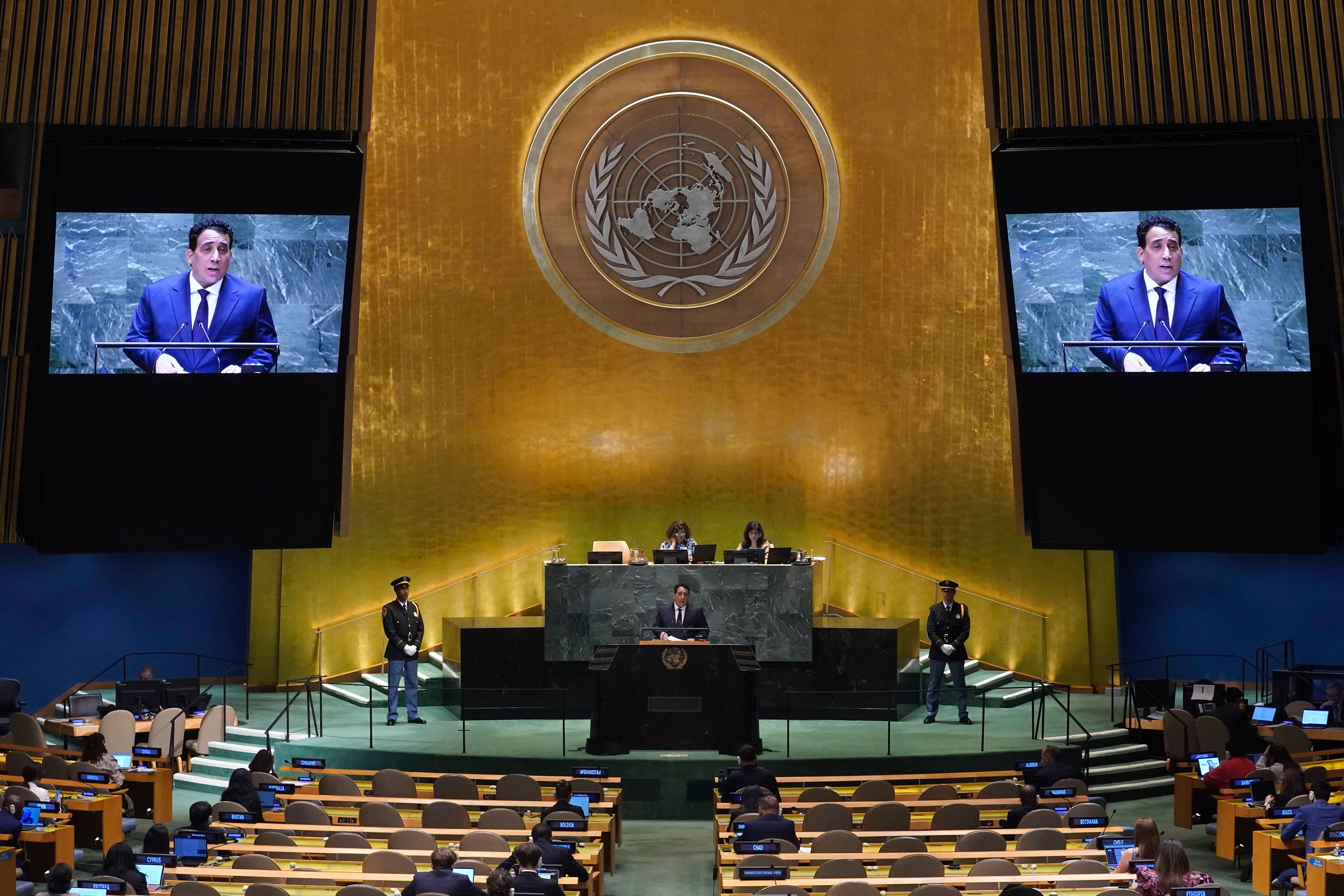 Libya President Mohamed Younis A Menfi addresses the 79th session of the United Nations General Assembly, Wednesday, Sept. 25, 2024. (AP Photo/Richard Drew)