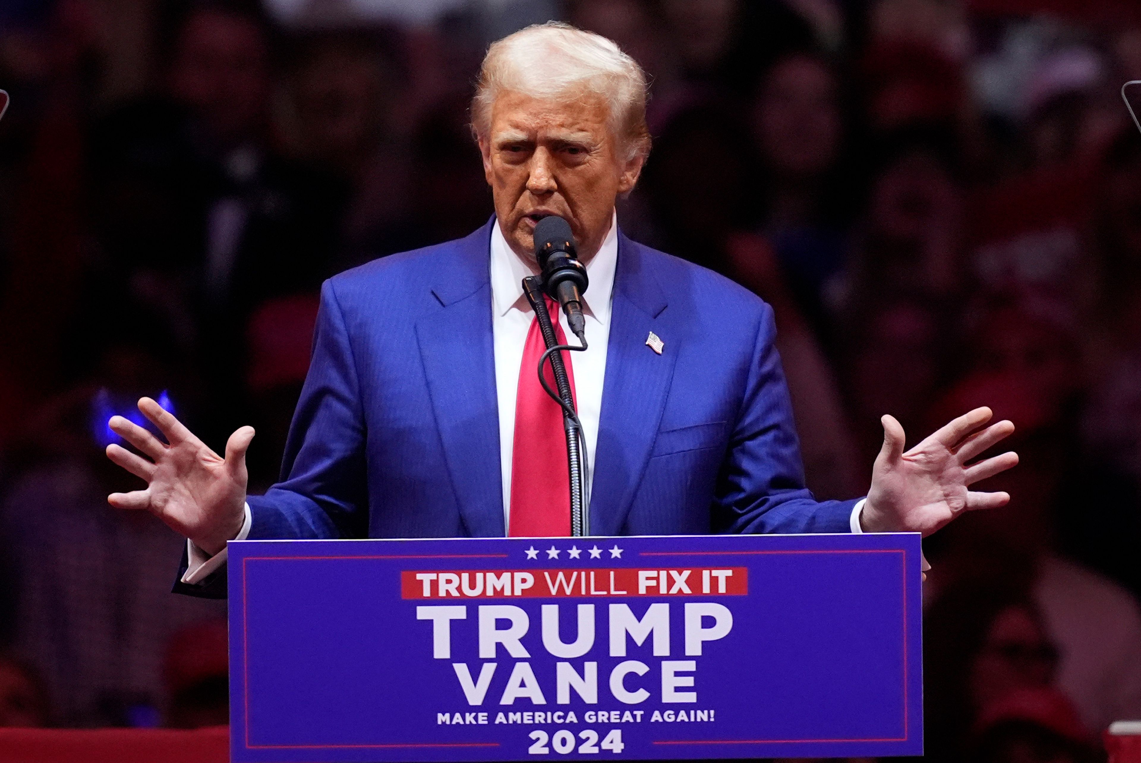 Republican presidential nominee former President Donald Trump speaks at a campaign rally at Madison Square Garden, Sunday, Oct. 27, 2024, in New York. (AP Photo/Evan Vucci)