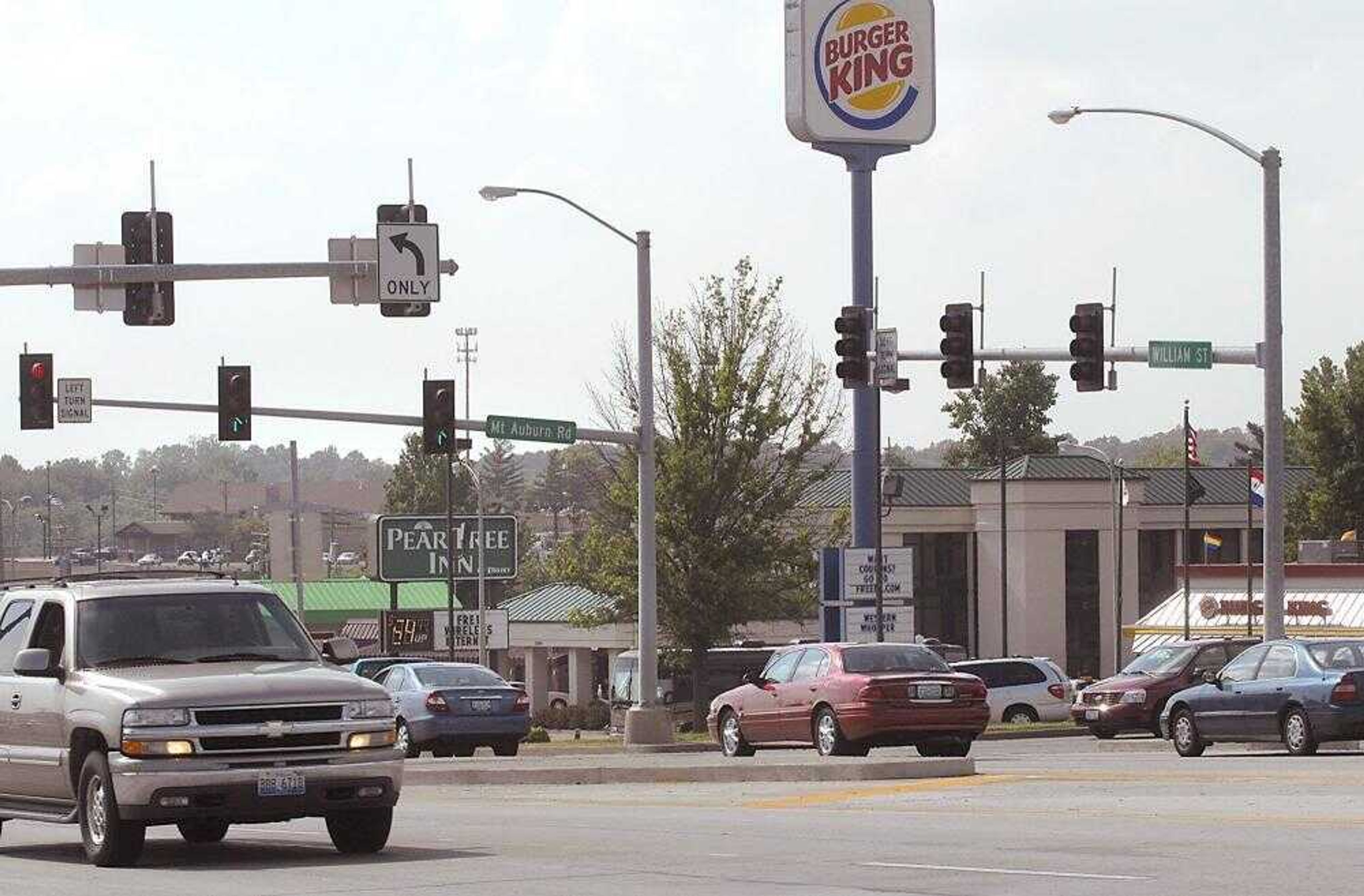 Traffic moved through the intersection of William Street and Mount Auburn Road on Monday. The location has a high traffic accident count. (Fred Lynch)