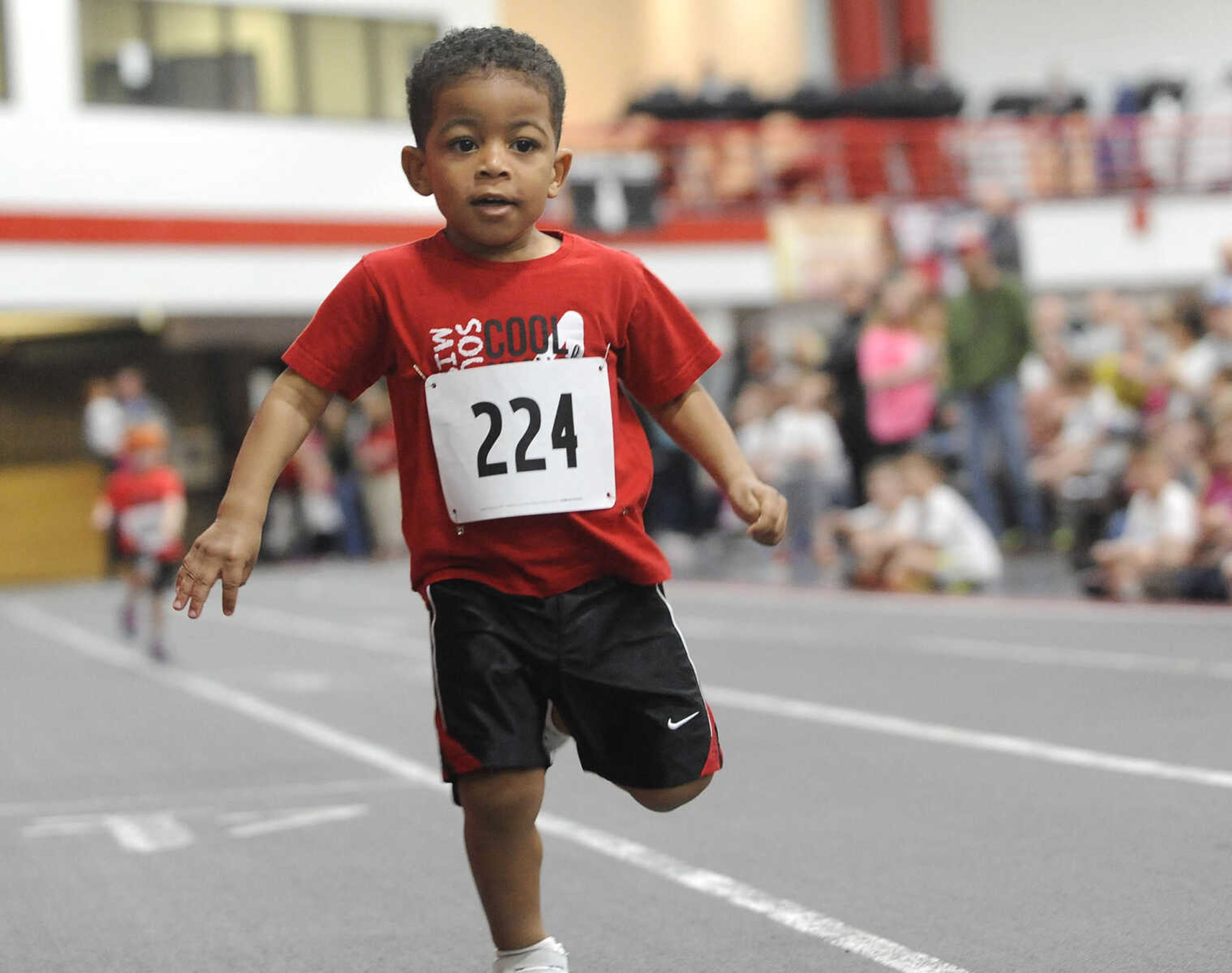 FRED LYNCH ~ flynch@semissourian.com
Mason Ray competes in a 50-meter run for 2-year-olds at the Super Kids Race Day on Sunday, Feb. 7, 2016 at the Student Recreation Center.