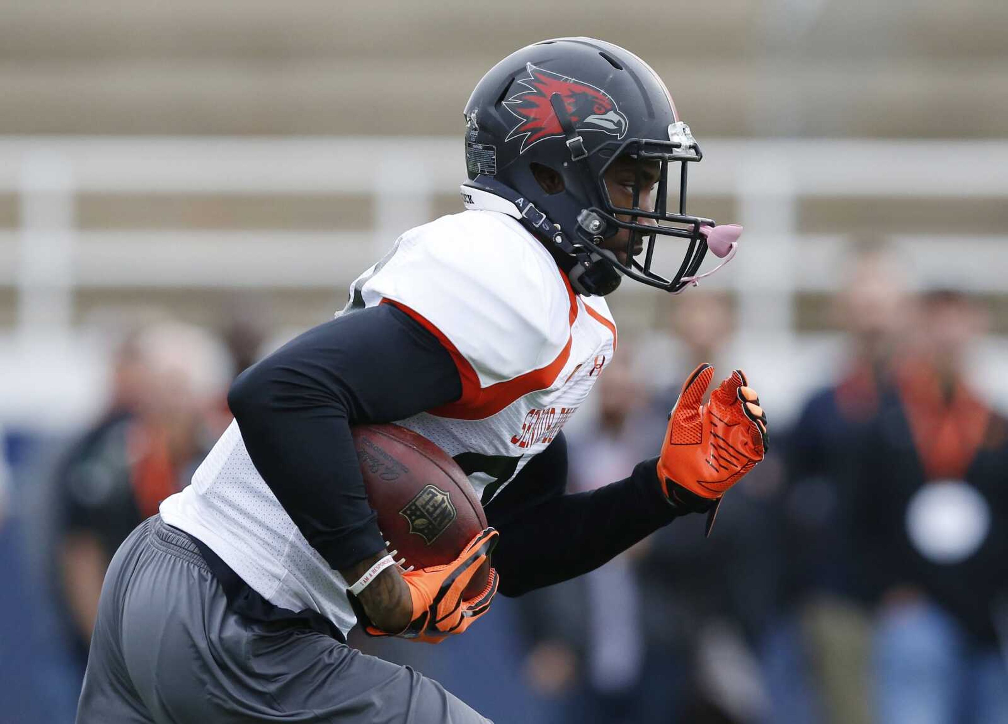 Southeast Missouri State wide receiver Paul McRoberts runs through drills during practice for the Senior Bowl on Tuesday at Fairhope Municipal Stadium in Fairhope, Alabama.