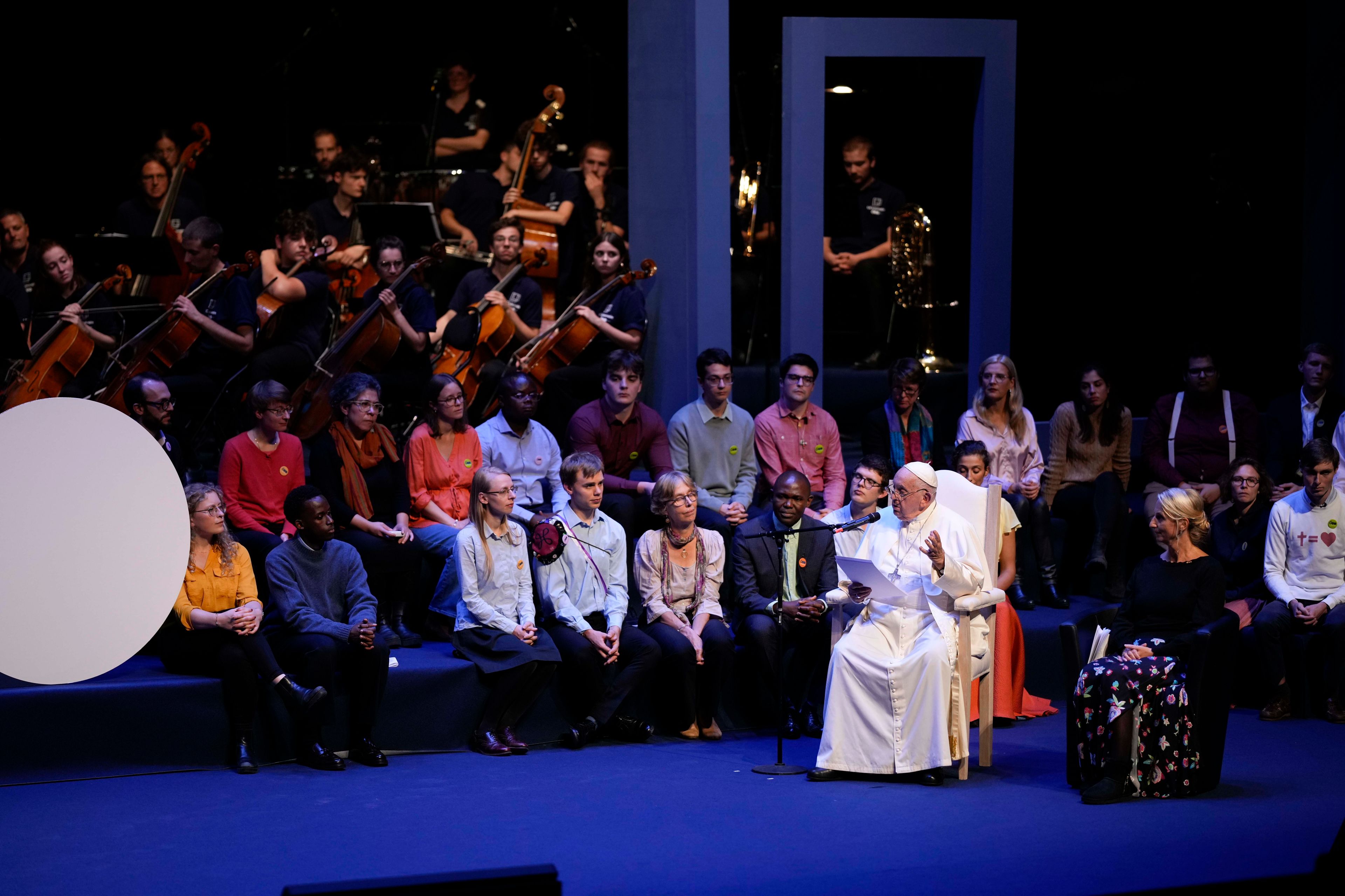 Pope Francis delivers his message as he meets with students of the Louvain Catholic University in Ottignies-Louvain-la-Neuve, Belgium, Saturday, Sept. 28, 2024. (AP Photo/Andrew Medichini)