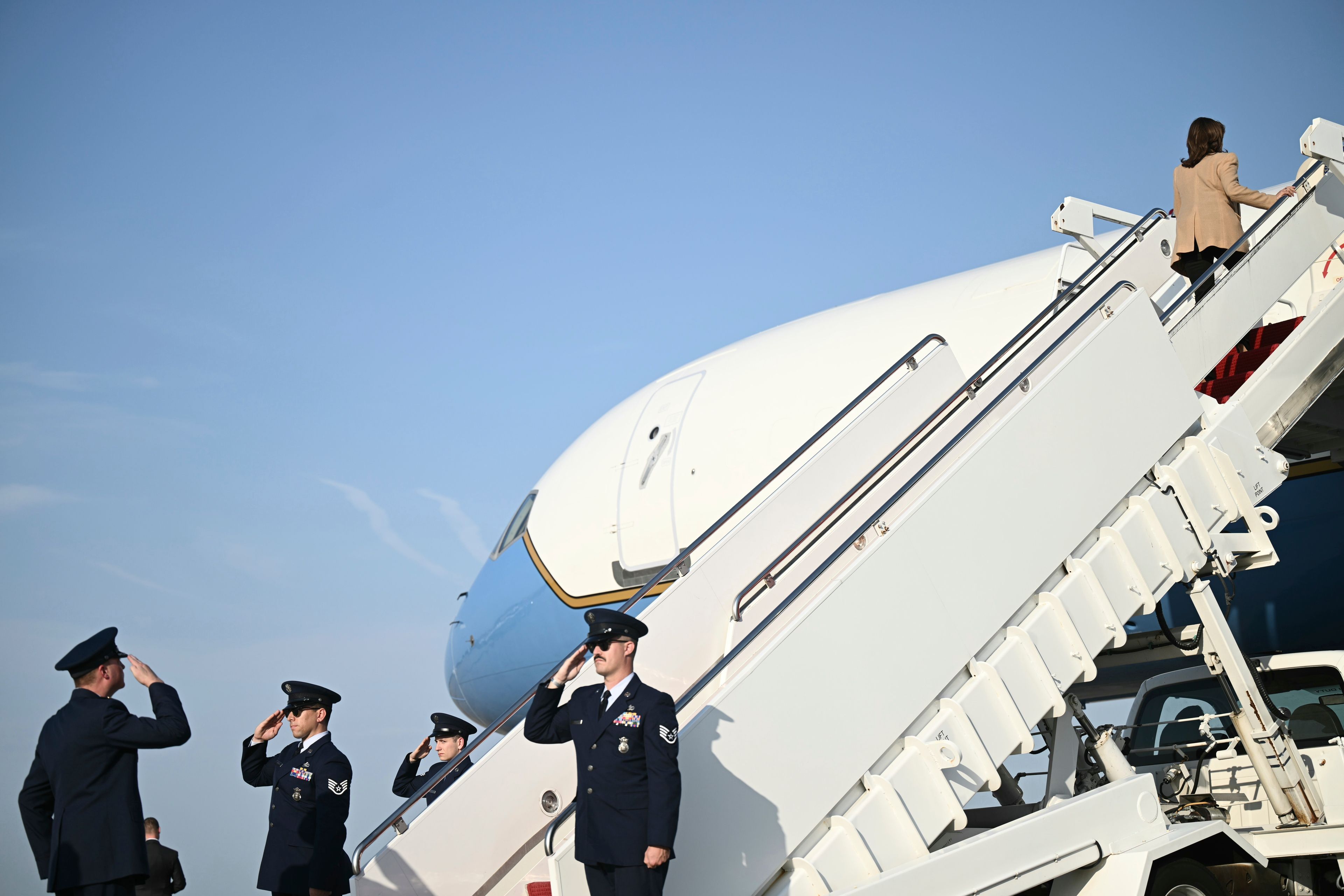 Democratic presidential nominee Vice President Kamala Harris boards Air Force Two at Joint Base Andrews, Md., Saturday, Oct. 12, 2024, en route to North Carolina for a campaign event. (Brendan Smialowski/Pool via AP)