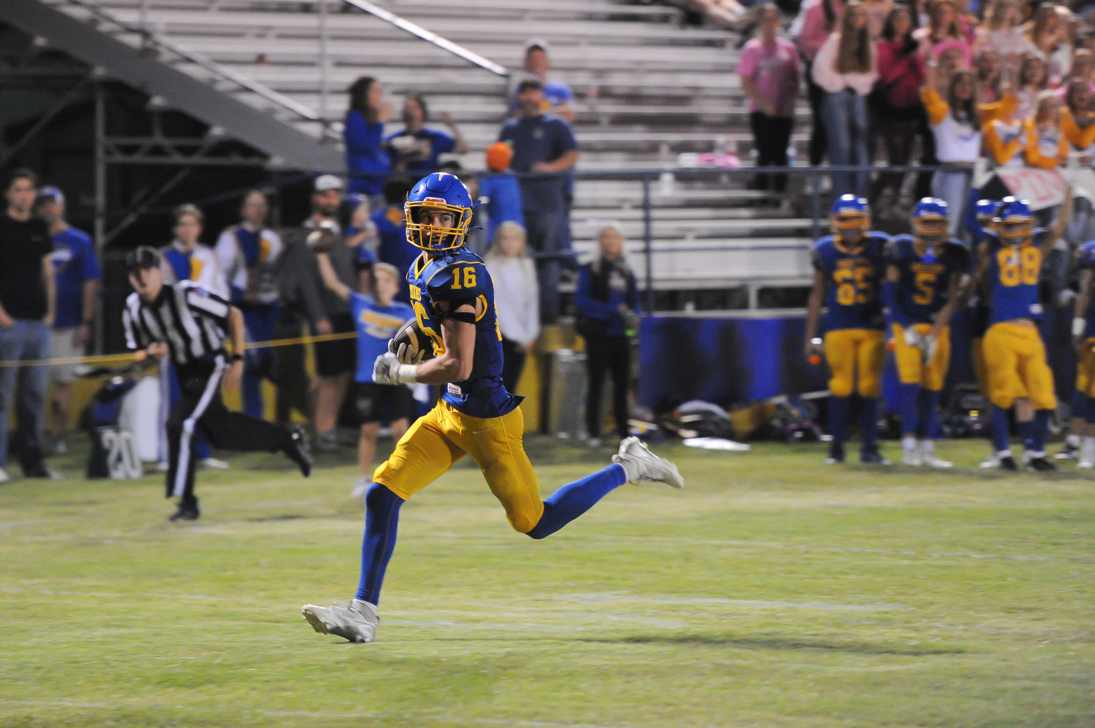 St. Vincent's John Schwartz runs free for a pick-6 during a Friday, October 4, 2024 game between the St. Vincent Indians and the Bayless Bronchos at St. Vincent High School in Perryville, Mo. St. Vincent defeated Bayless, 56-21.