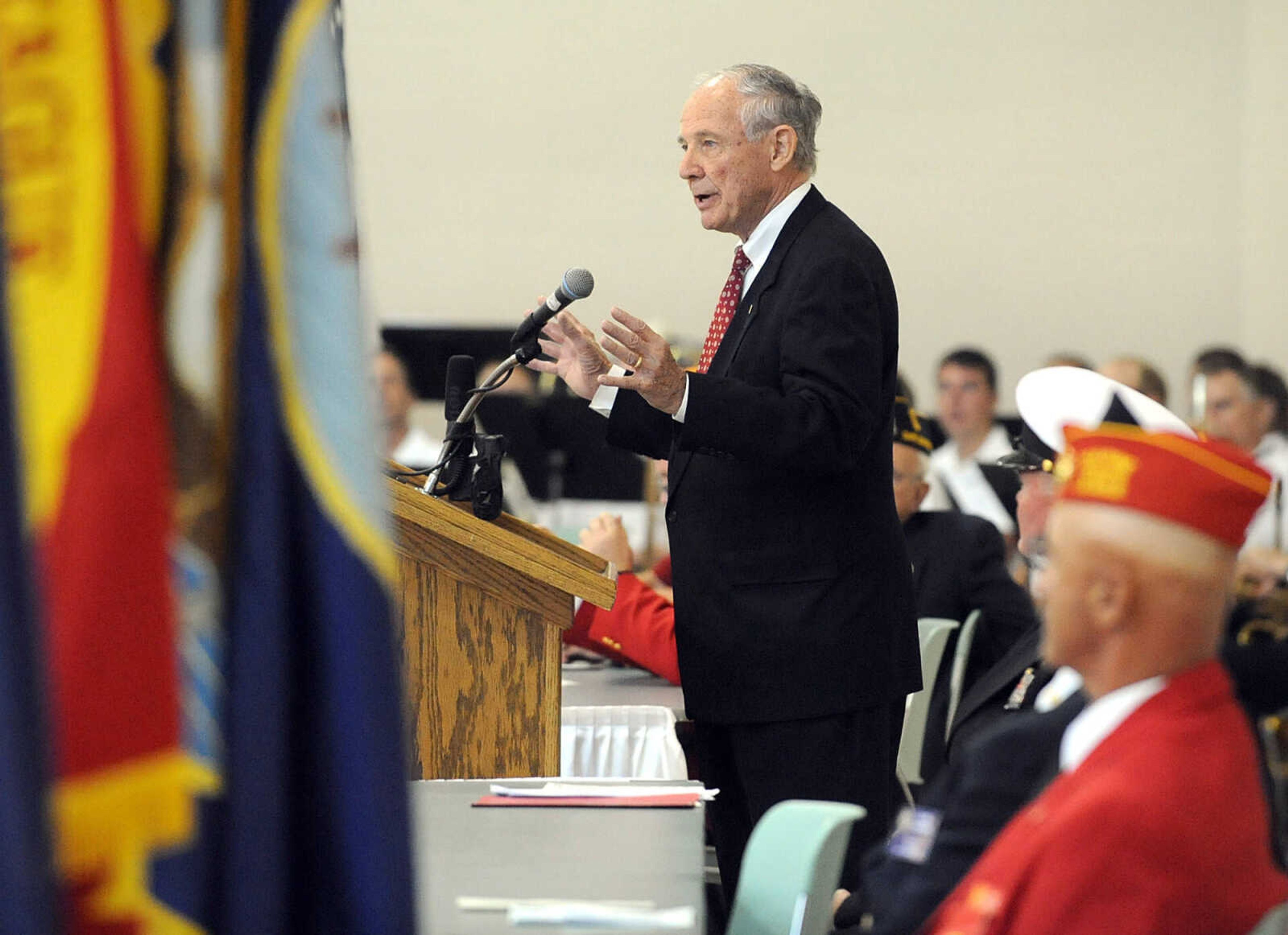 LAURA SIMON ~ lsimon@semissourian.com
Guest speaker retired U.S. District Judge Steven N. Limbaugh, Sr. addresses the crowd Monday, May 28, 2012 during the Joint Veterans Council Memorial Service at the Osage Centre in Cape Girardeau.