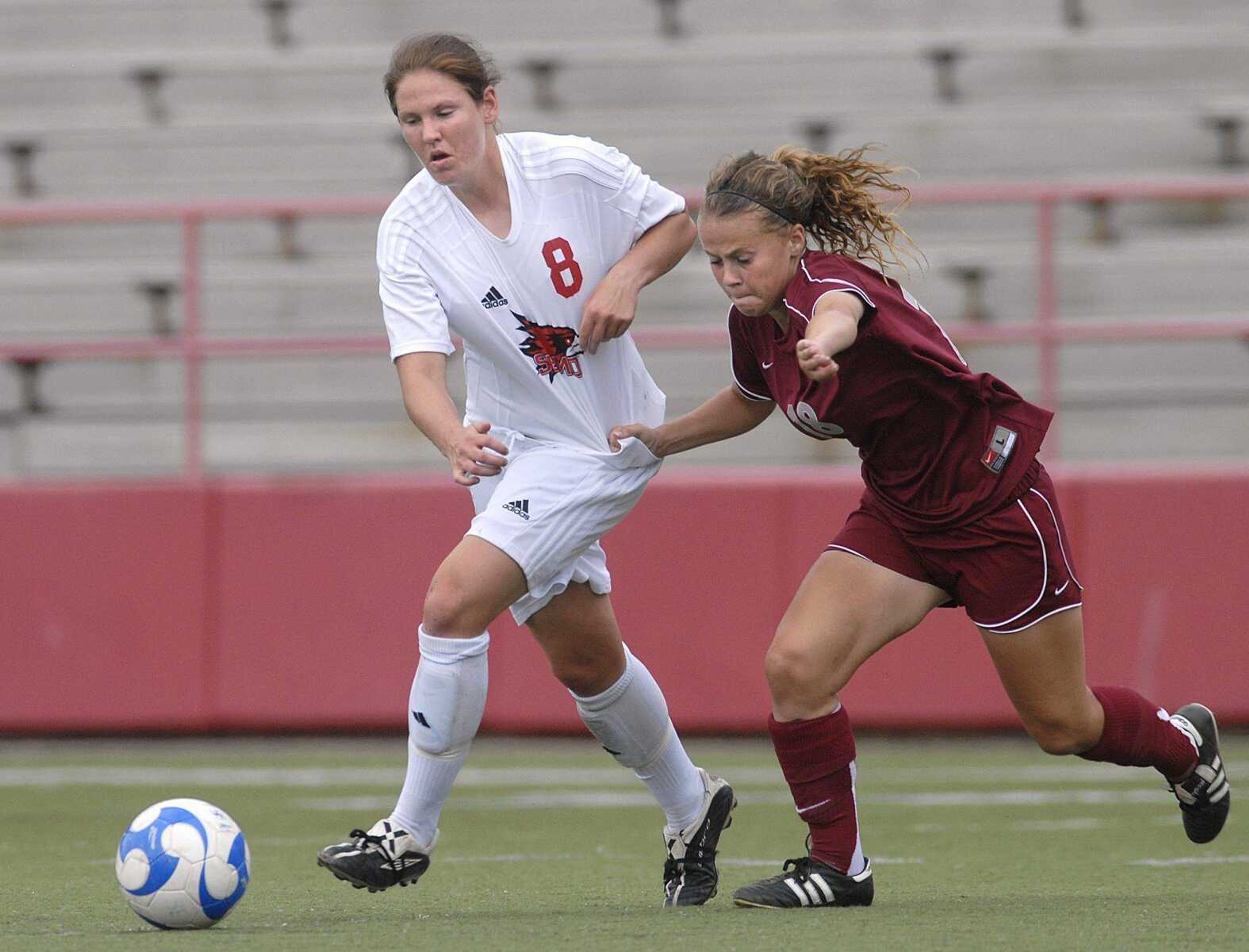 FRED LYNCH ~ flynch@semissourian.com
Southeast Missouri State's Vanessa Hart battles for control with Eastern Kentucky's Heather Bruce in the first half Sunday at Houck Stadium.