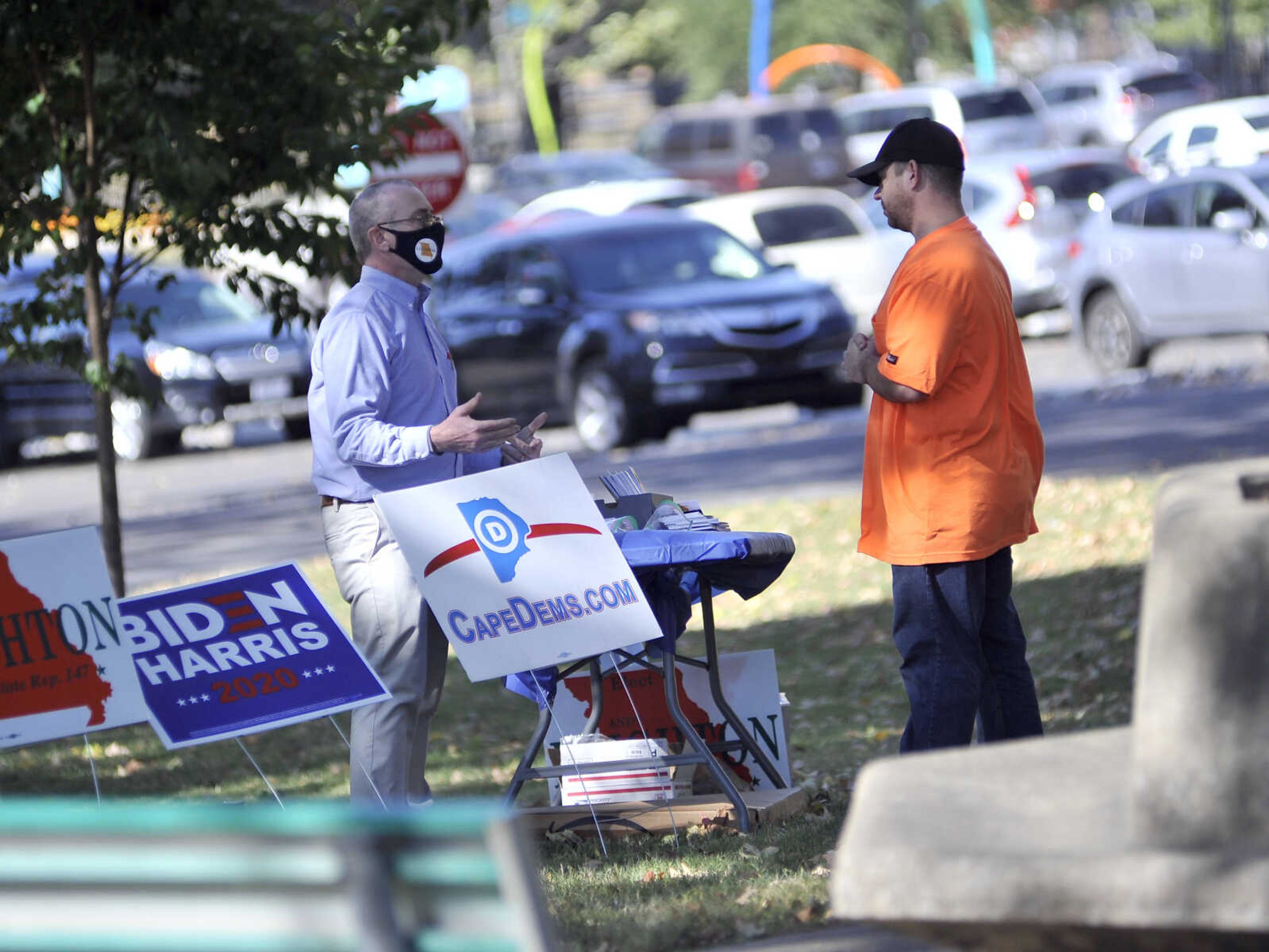 Brooke Holford ~ Southeast Missourian
Andy Leighton, Democratic candidate for Missouri House District 147, speaks with a constituent during the SEMO Women's March on Saturday, Oct. 17, 2020, at Freedom Corner in Cape Girardeau.