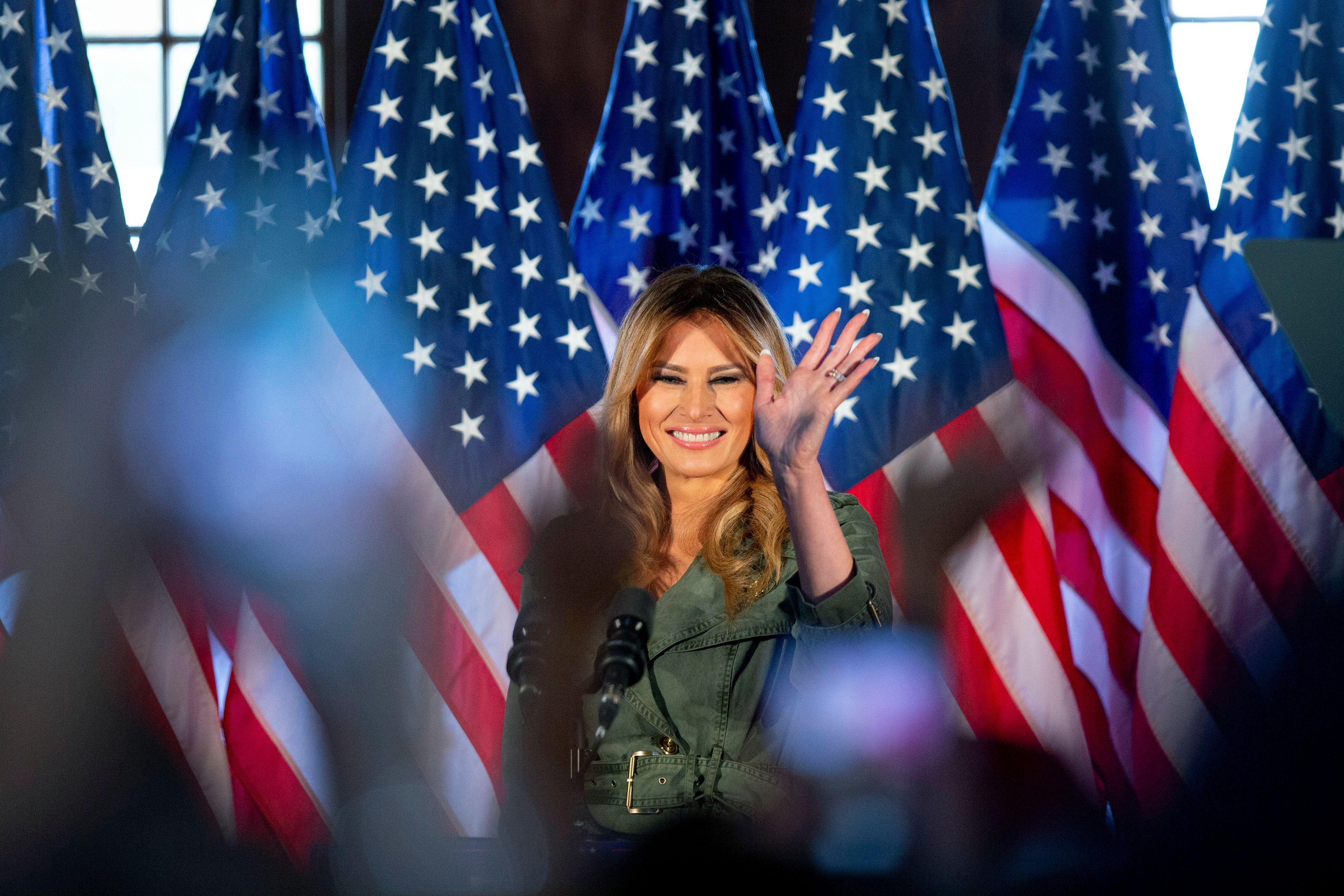 FILE - First lady Melania Trump speaks during a campaign rally in Atglen, Pa., Oct. 27, 2020. (AP Photo/Laurence Kesterson, File)