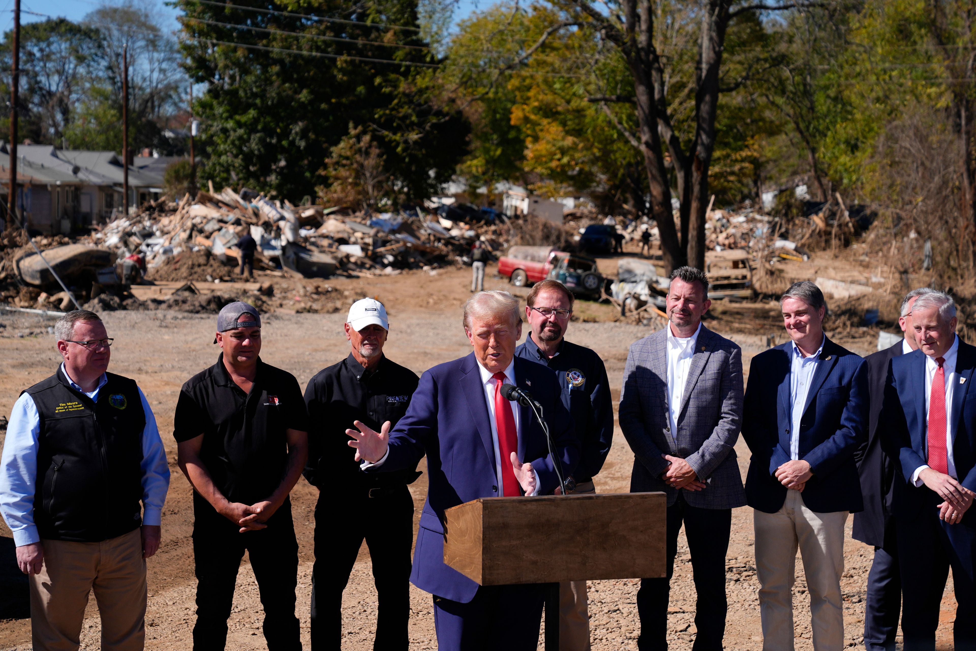 Republican presidential nominee former President Donald Trump delivers remarks on the damage and federal response to Hurricane Helene, Monday, Oct. 21, 2024, in Swannanoa, N.C. (AP Photo/Evan Vucci)