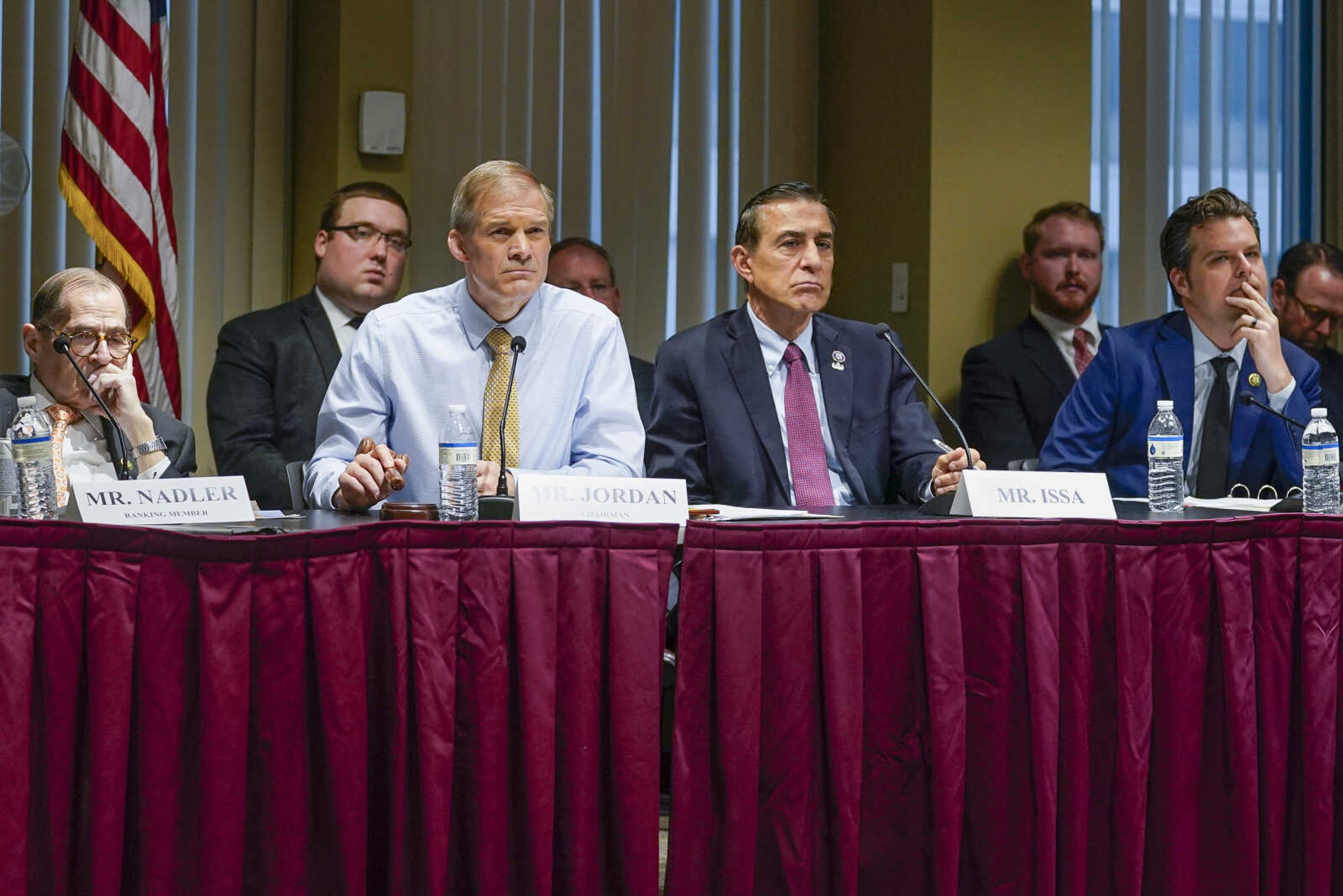 From left, Rep. Jerry Nadler, D-N.Y., House Judiciary Committee Chair Jim Jordan, R-Ohio, center, Rep. Darrell Issa, R-Calif., right, and Rep. Matt Gaetz, R-Fla., listen to testimony during a House Judiciary Committee Field Hearing, Monday, April 17, 2023, in New York. Republicans upset with former President Donald Trump's indictment are escalating their war on Manhattan District Attorney Alvin Bragg, who charged him, trying to embarrass him on his home turf. . (AP Photo/John Minchillo)