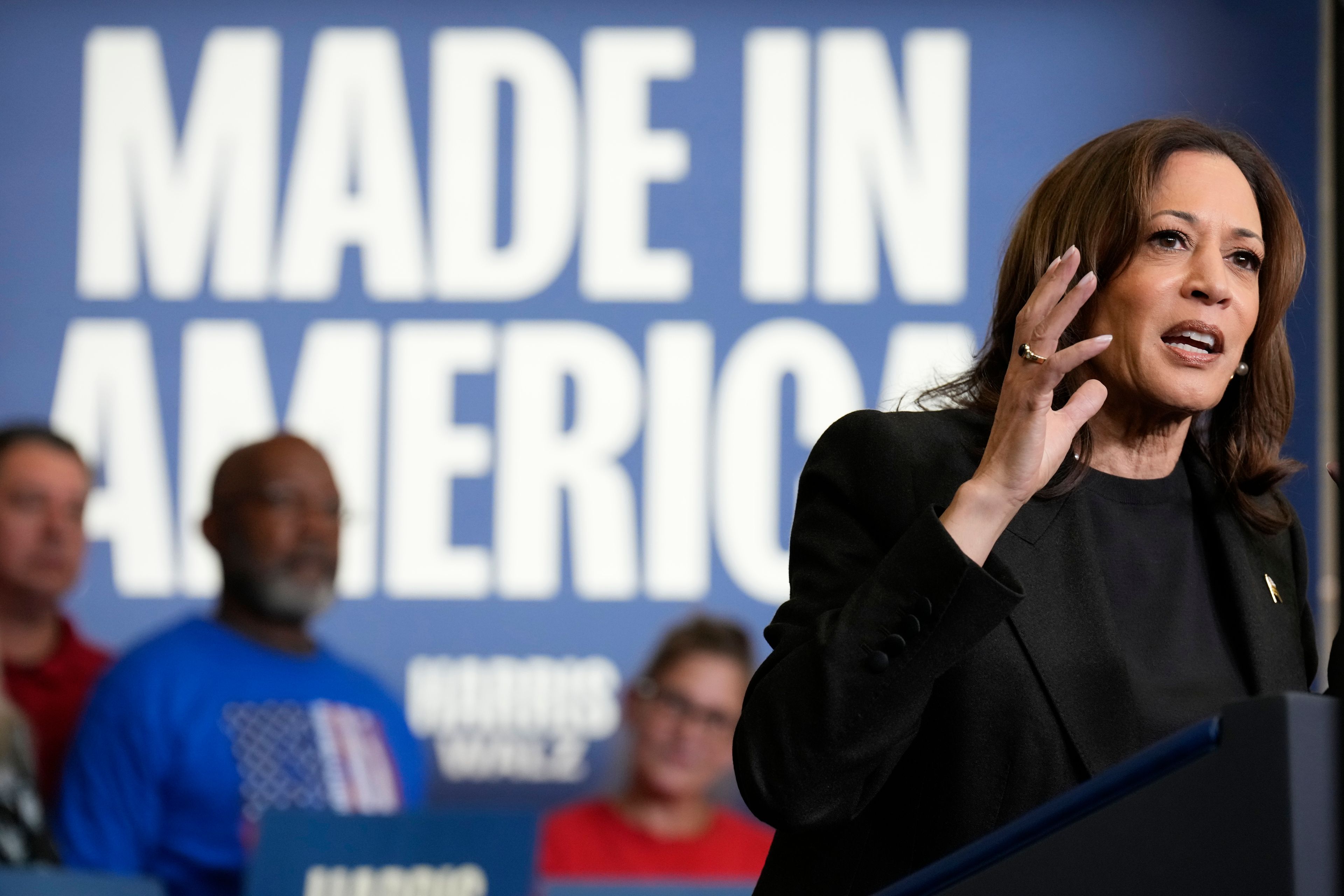 Democratic presidential nominee Vice President Kamala Harris speaks at UAW Local 652 during a campaign event in Lansing, Mich., Friday, Oct. 18, 2024. (AP Photo/Jacquelyn Martin)