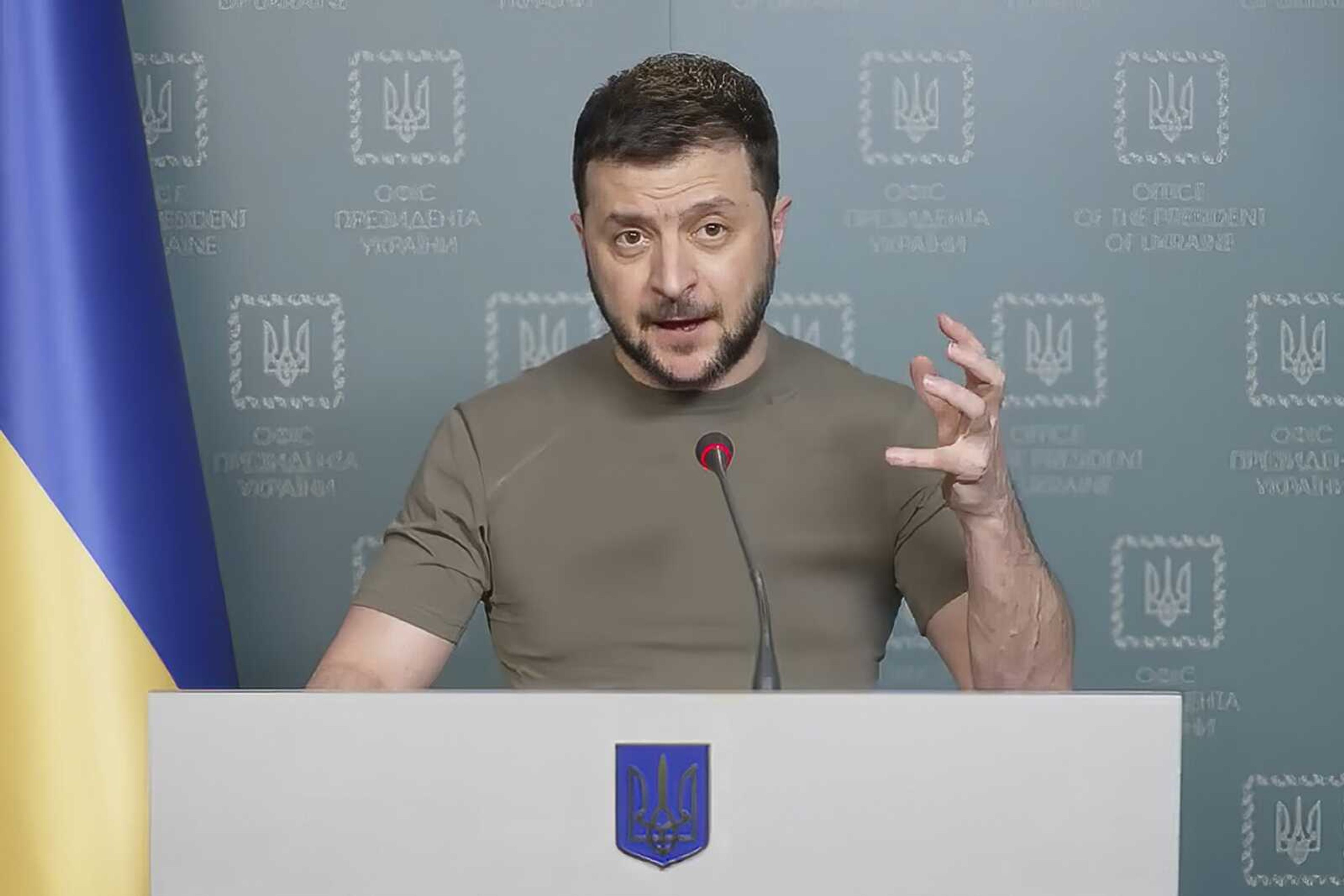 In this image from video, Ukrainian President Volodymyr Zelenskyy speaks Monday from Kyiv, Ukraine.