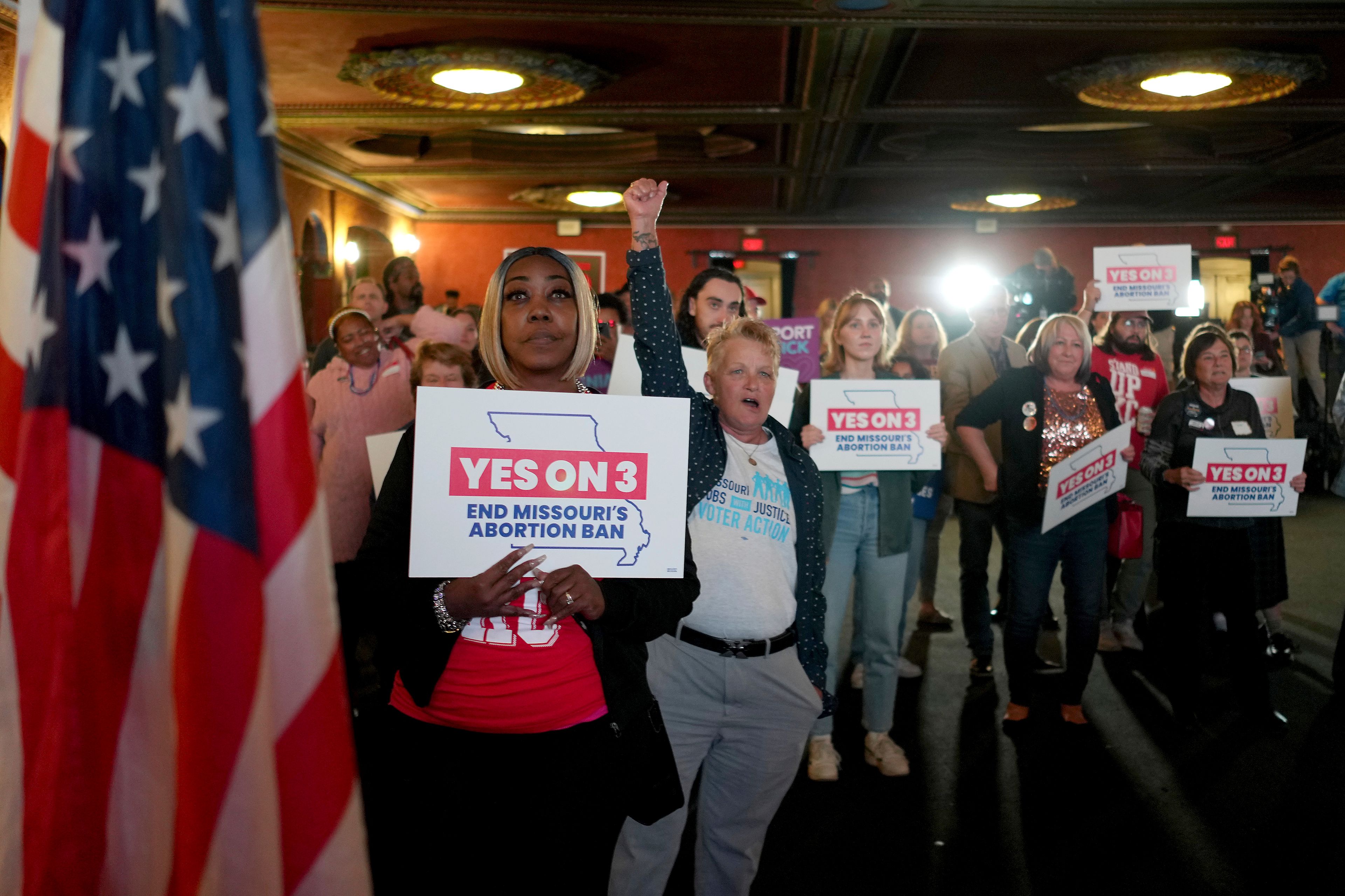 People at an election night watch party react after an abortion rights amendment to the Missouri constitution passed, Tuesday, Nov. 5, 2024, in Kansas City, Mo. (AP Photo/Charlie Riedel)