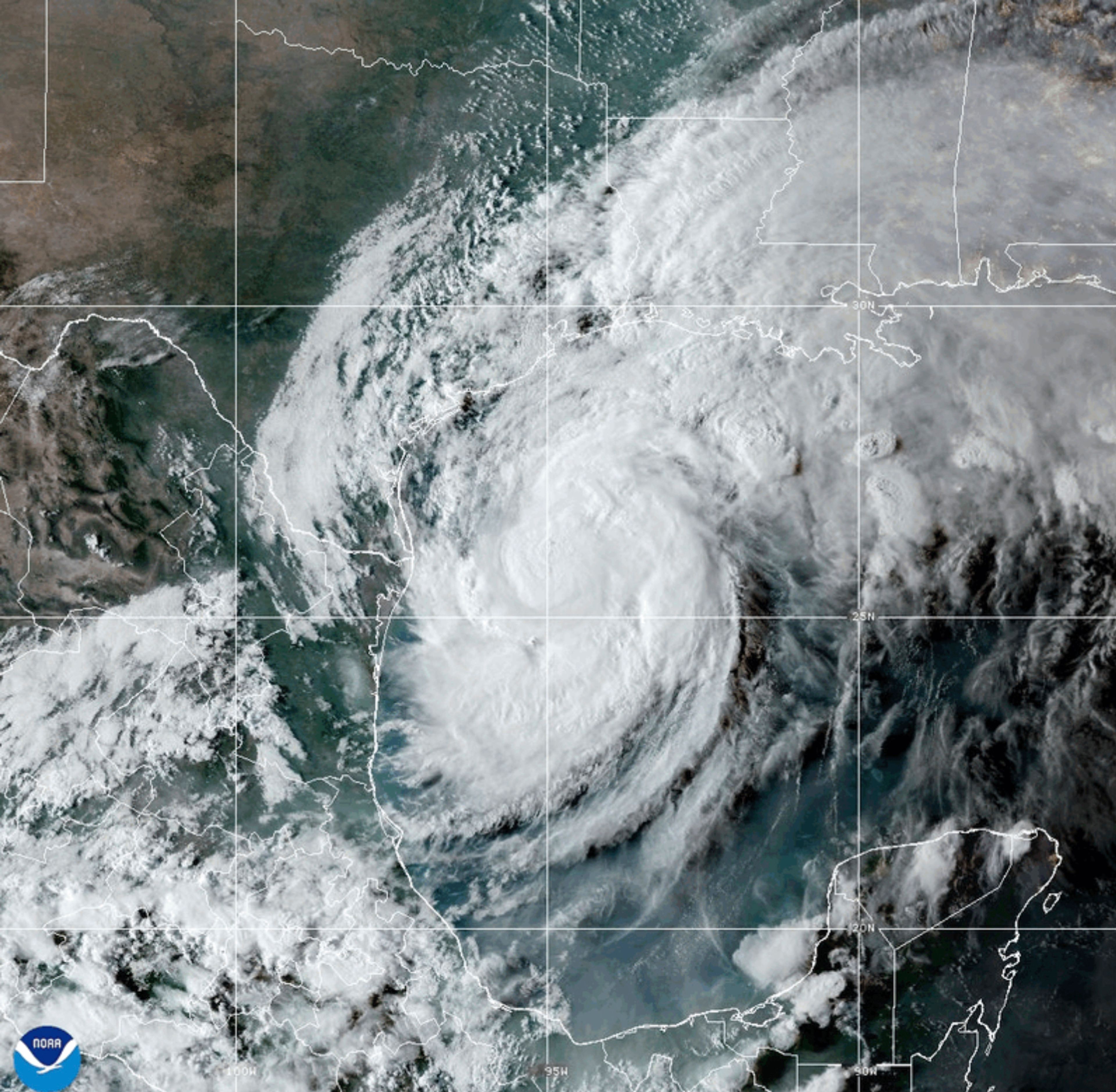 This National Oceanic and Atmospheric Administration satellite image taken at 7:10pm ET shows Hurricane Francine in the Gulf of Mexico as it advances towards Louisiana on Tuesday, Sept. 10, 2024. (NOAA via AP)