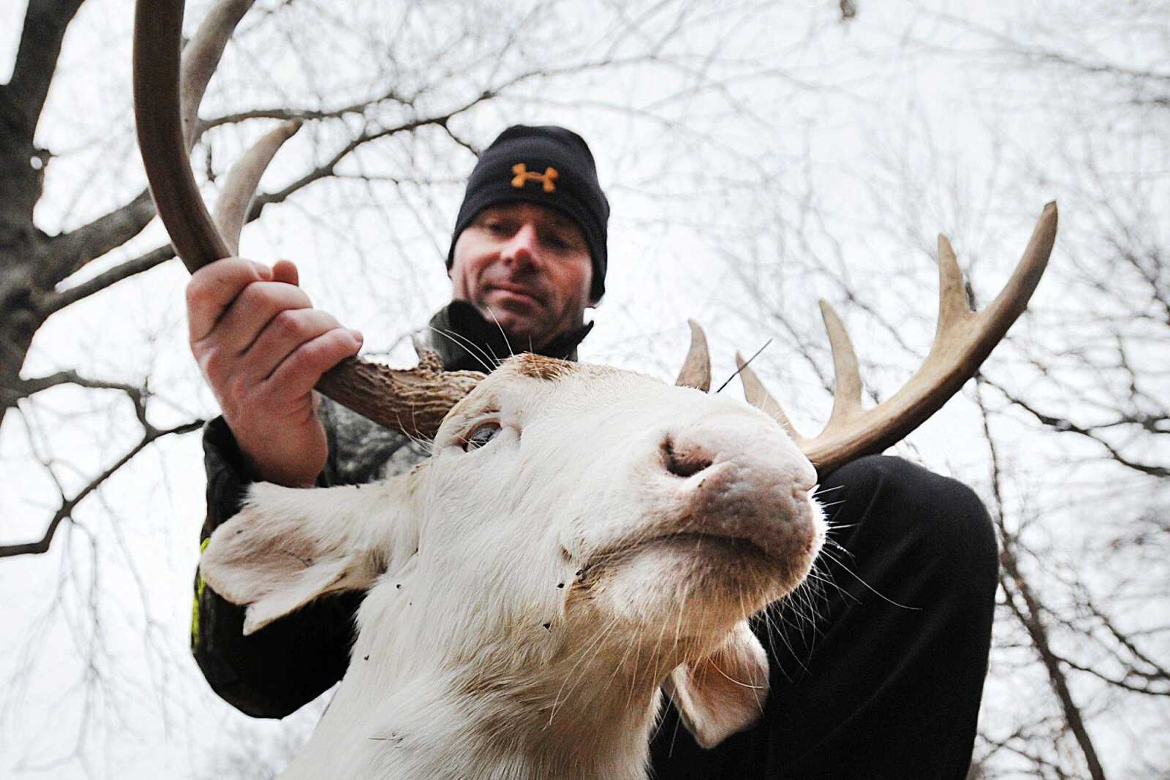 Jerry Kinnaman holds up a 10-point, 7-year-old albino buck he shot with a bow and arrow just outside Cape Girardeau's city limits Dec. 2. (Laura Simon)