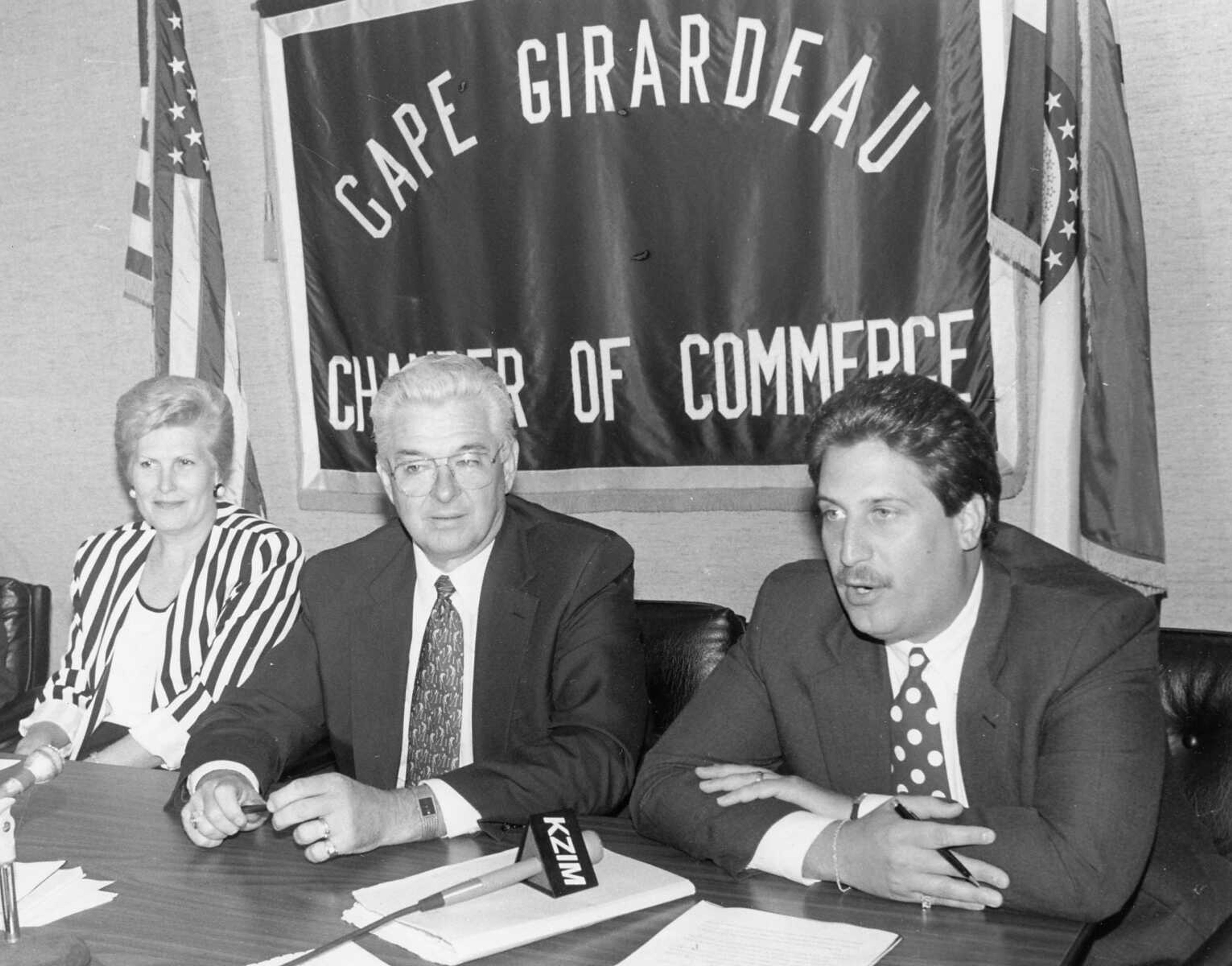 John Mehner, far right, was named chief executive of the Cape Girardeau Chamber of Commerce Aug. 3, 1993, succeeding Robert Hendrix. Seated with him are Judy Wilferth, chairman of the search committee, and Harry Rediger, chairman of the Chamber Board of Directors. (Southeast Missourian archive)