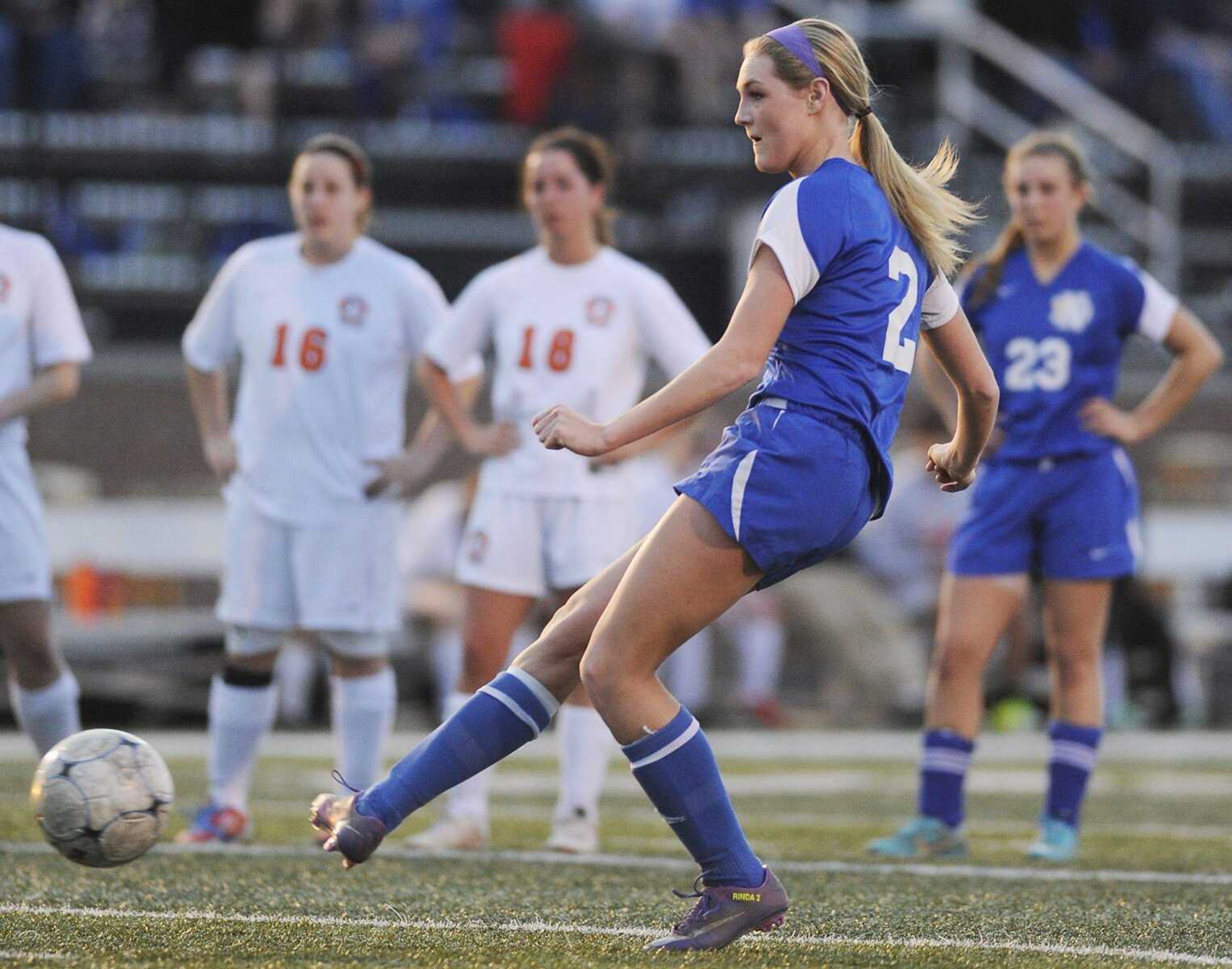 Notre Dame&#8217;s Taylor Rinda gets a free kick past Central goalkeeper Brooke Anderson for a goal during the Bulldogs&#8217; win over the Tigers on Friday at Central High School. Rinda scored three goals in the Bulldogs&#8217; 8-0 victory. (ADAM VOGLER)