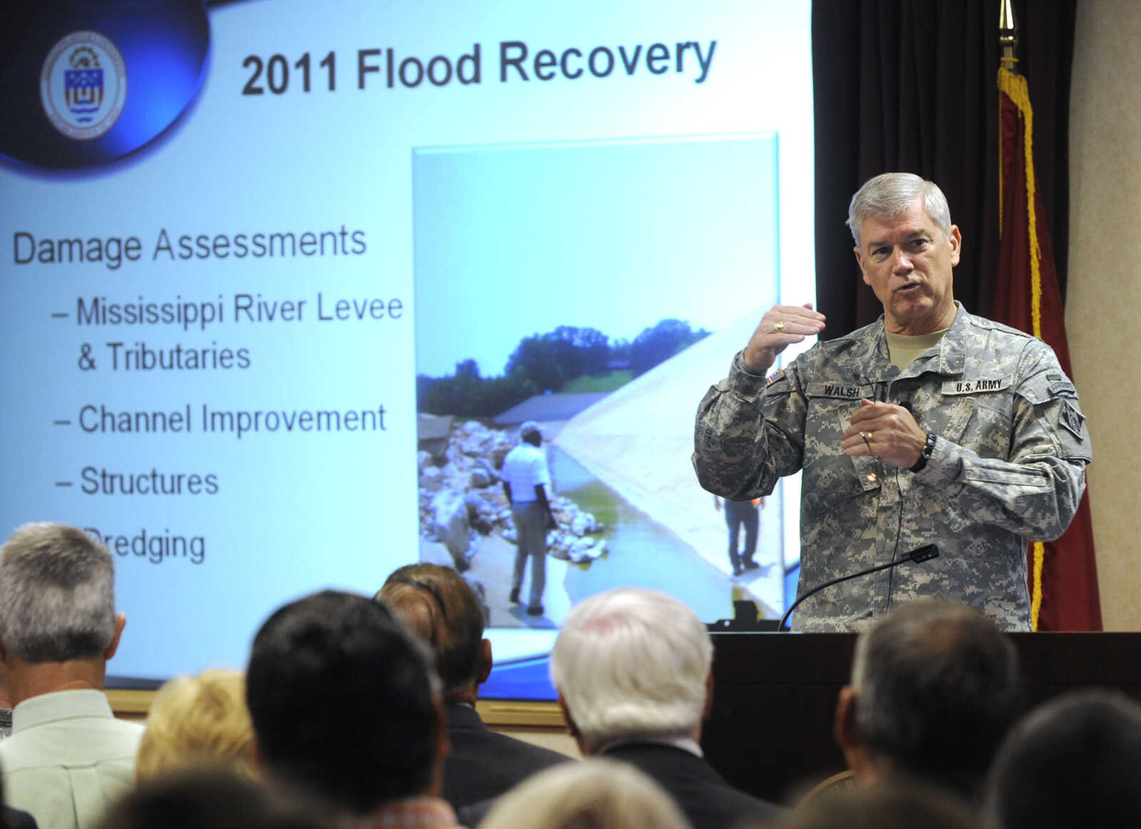 FRED LYNCH ~ flynch@semissourian.com
Maj. Gen. Michael Walsh, president of the Mississippi River Commission, speaks Monday, Aug. 15, 2011 at New Madrid, Mo.