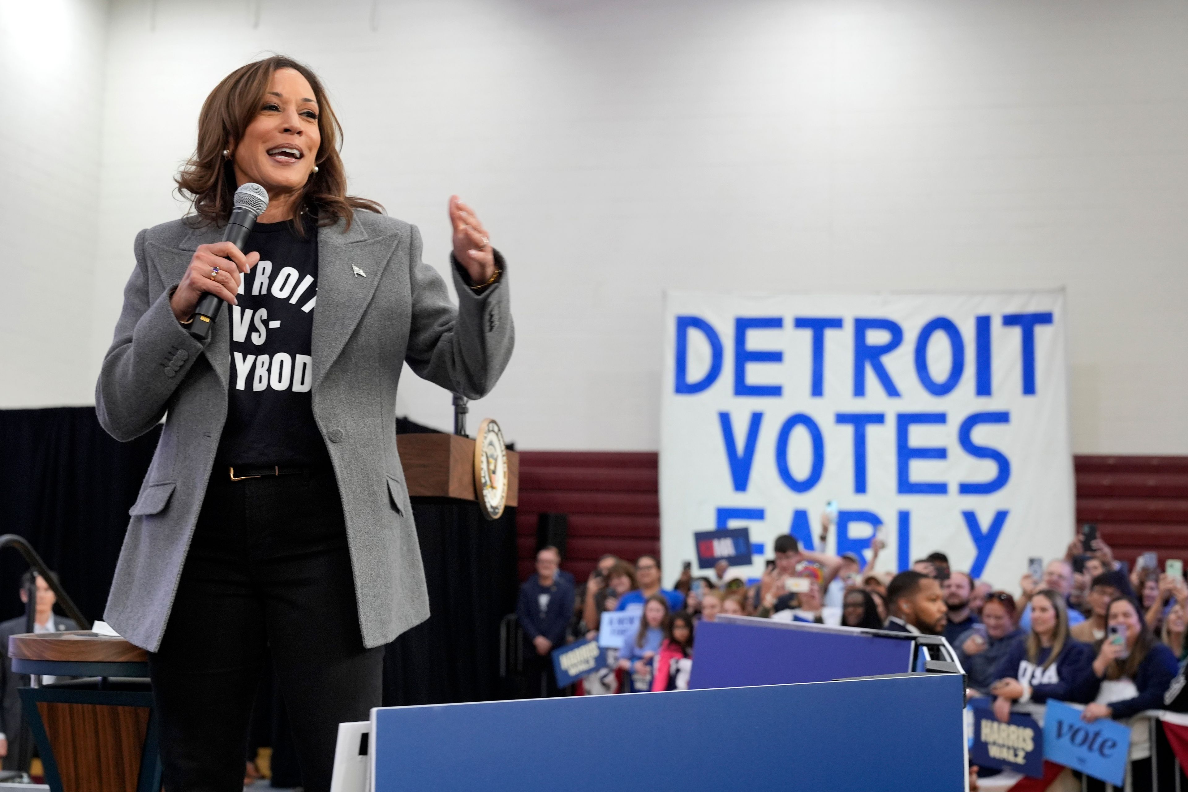 Democratic presidential nominee Vice President Kamala Harris speaks during a campaign event at Western International High School in Detroit, Saturday, Oct. 19, 2024. (AP Photo/Jacquelyn Martin)