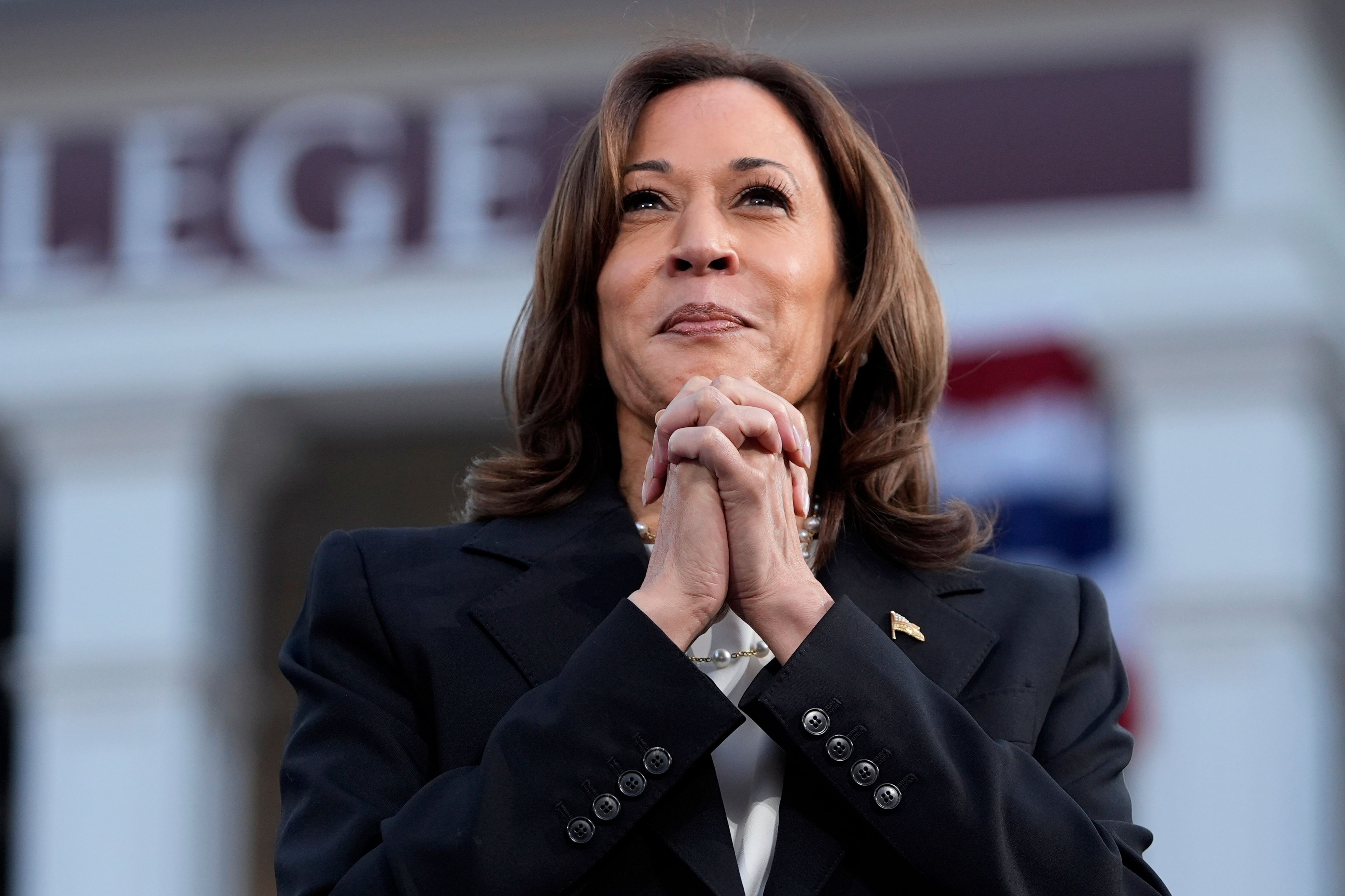 Democratic presidential nominee Vice President Kamala Harris pauses as she speaks at a campaign event with former Congresswoman Liz Cheney, R-Wyo., at Ripon College in Ripon, Wis., Thursday, Oct. 3, 2024. (AP Photo/Mark Schiefelbein)