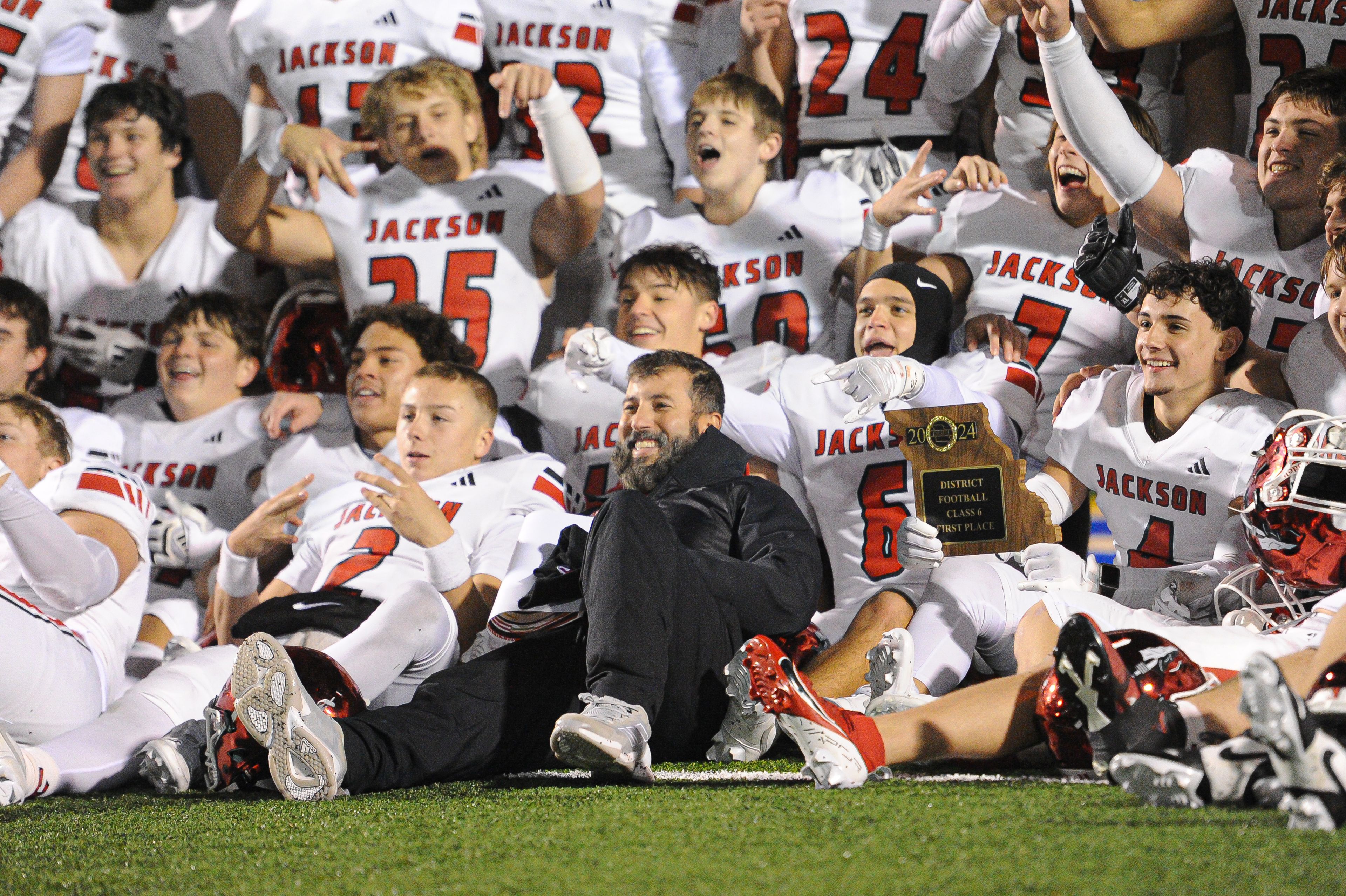 The Jackson Indians celebrate following the Friday, November 15, 2024 Class 6 District 1 championship between the Jackson Indians and the Seckman Jaguars at Seckman High School in Imperial, Mo. Jackson defeated Seckman, 49-28.