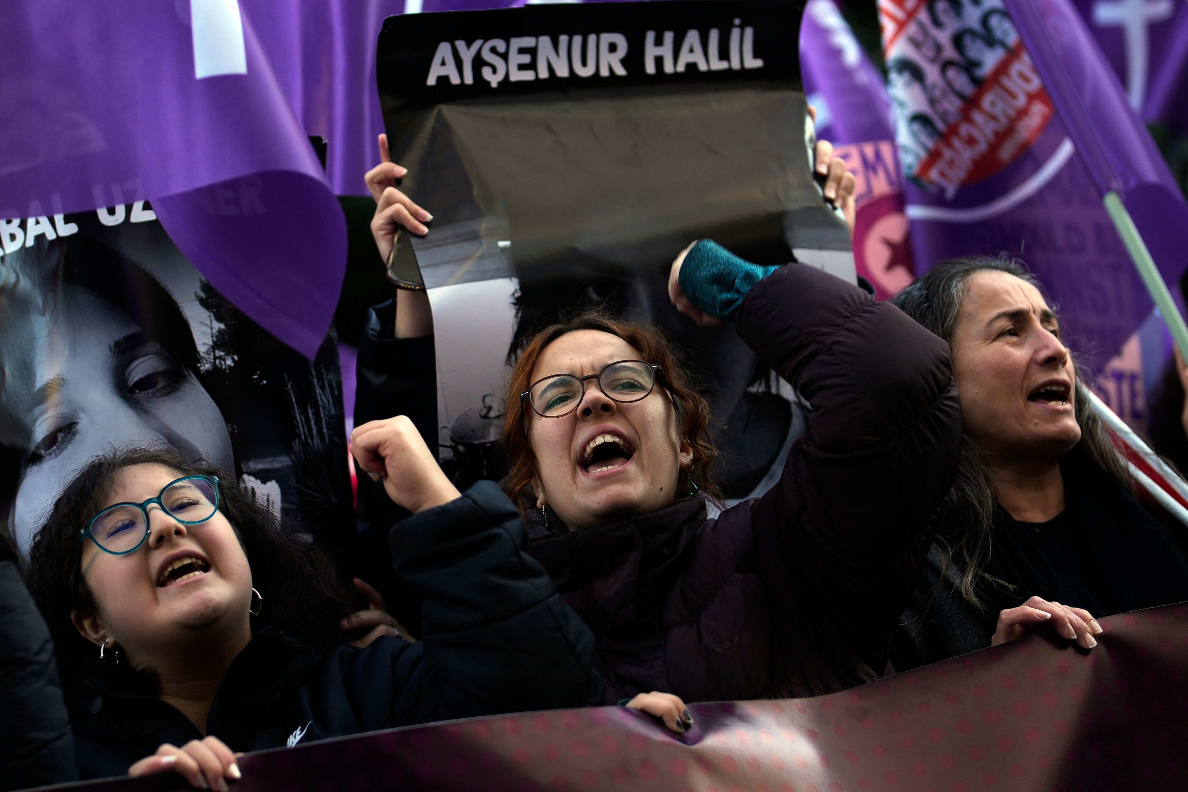 Women chant slogans during a rally marking the upcoming International Day for the Elimination of Violence Against Women, in Istanbul,Turkey, Sunday, Nov. 24, 2024. (AP Photo/Emrah Gurel)