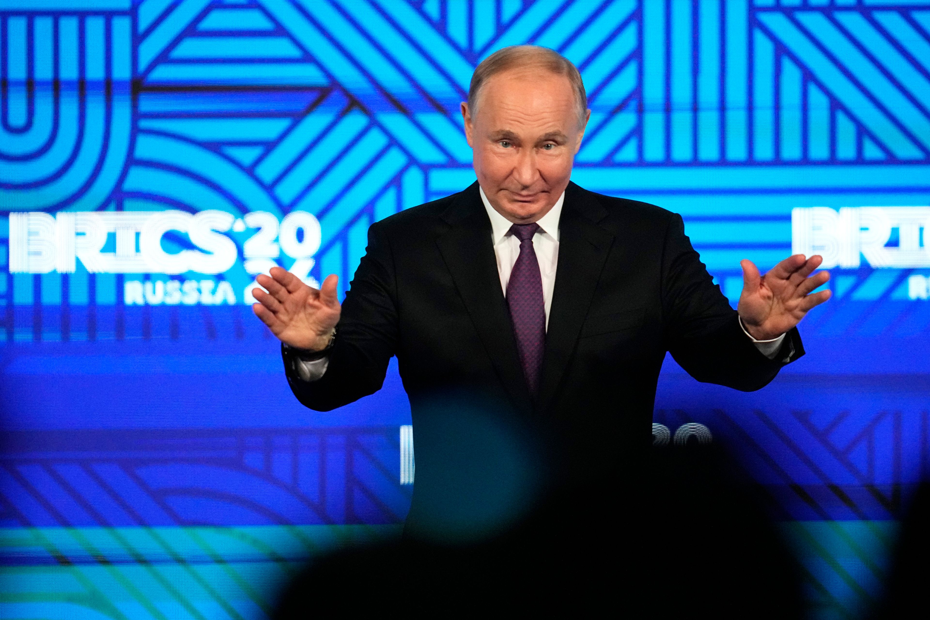 Russian President Vladimir Putin attends the BRICS Business Forum in Moscow, Russia, Friday, Oct. 18, 2024. (AP Photo/Alexander Zemlianichenko, Pool)