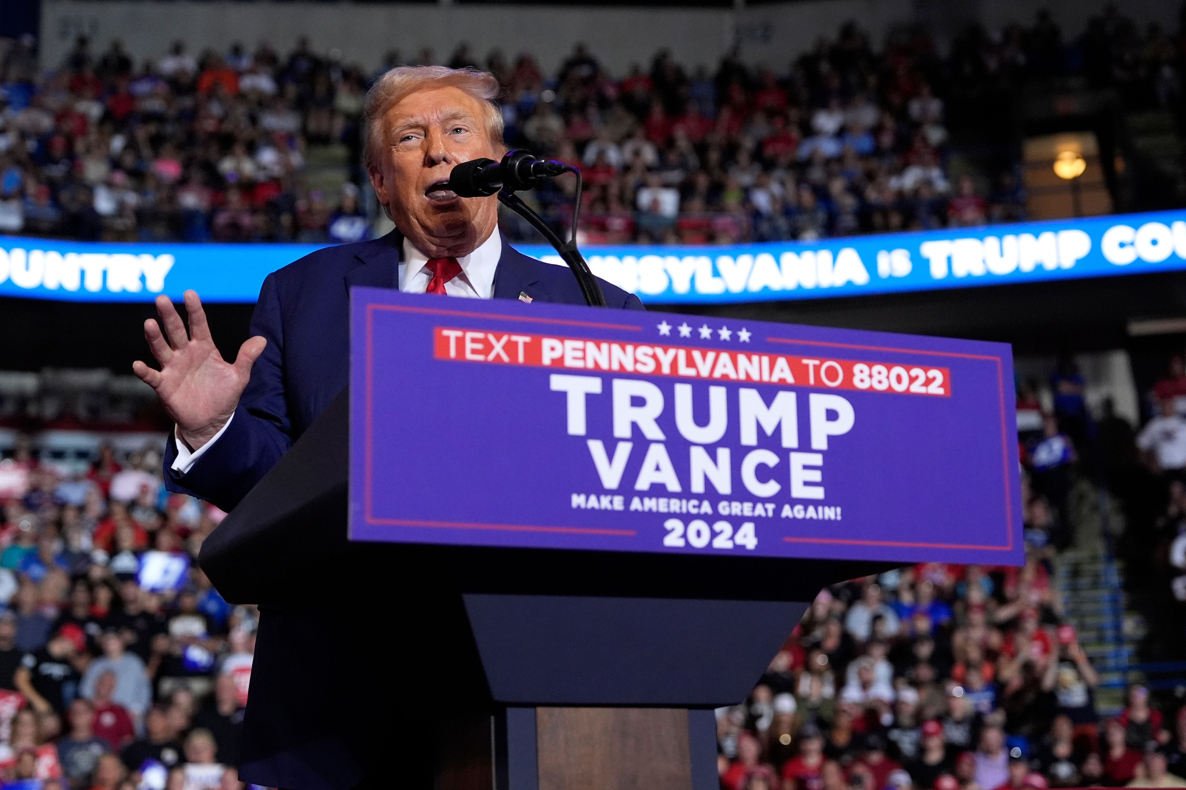 FILE - Republican presidential nominee former President Donald Trump speaks at a campaign rally, Aug. 17, 2024, in Wilkes-Barre, Pa. (AP Photo/Carolyn Kaster, File)