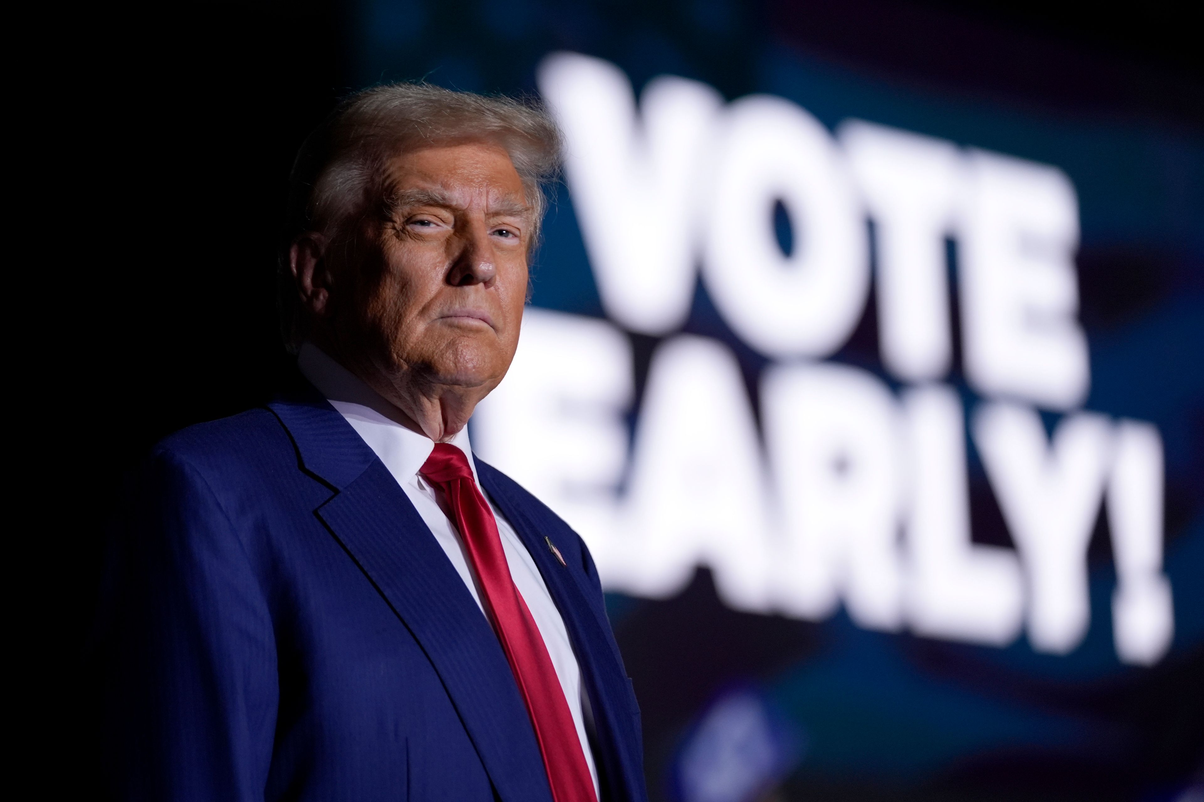 Republican presidential nominee former President Donald Trump arrives to speak during a campaign rally at the Suburban Collection Showplace, Saturday, Oct. 26, 2024, in Novi, Mich. (AP Photo/Alex Brandon)