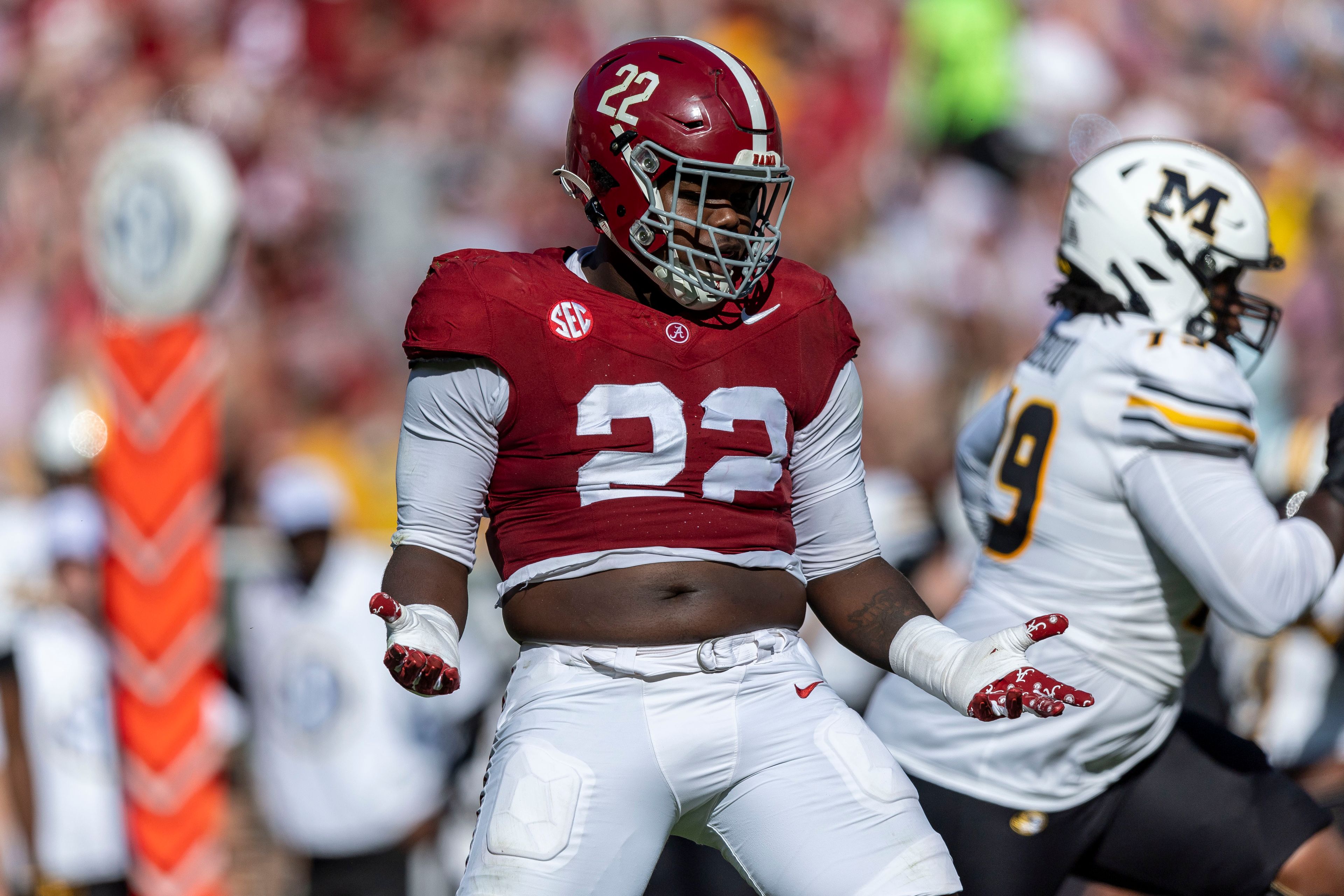 Alabama defensive lineman LT Overton (22) celebrates after a stop against Missouri during the first half of an NCAA college football game, Saturday, Oct. 26, 2024, in Tuscaloosa, Ala. (AP Photo/Vasha Hunt)