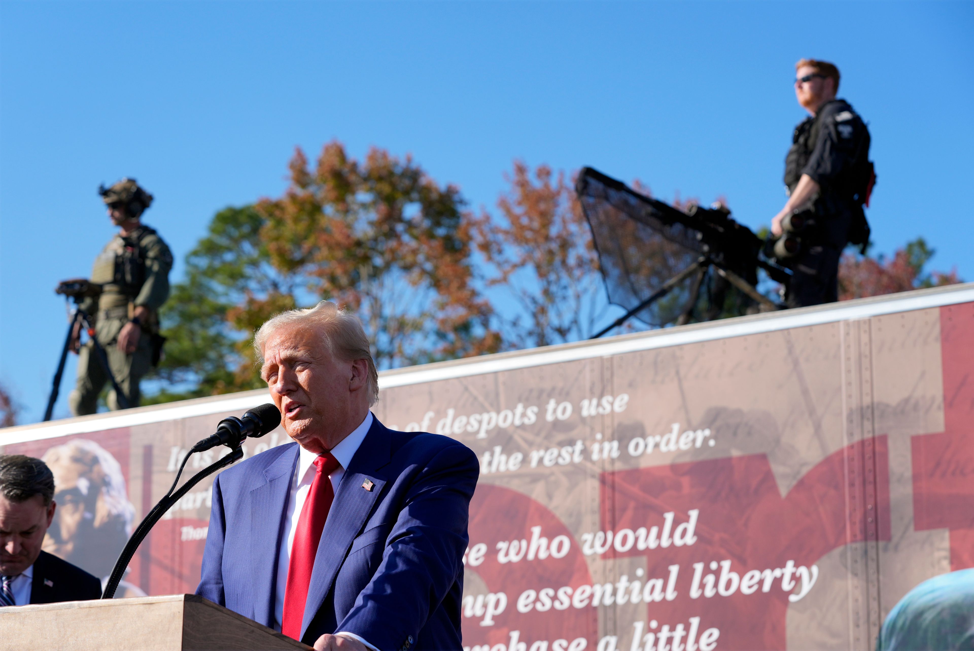 Republican presidential nominee former President Donald Trump speaks to an overflow crowd after a faith town hall at Christ Chapel Zebulon, Wednesday, Oct. 23, 2024, in Zebulon, Ga. (AP Photo/Alex Brandon)