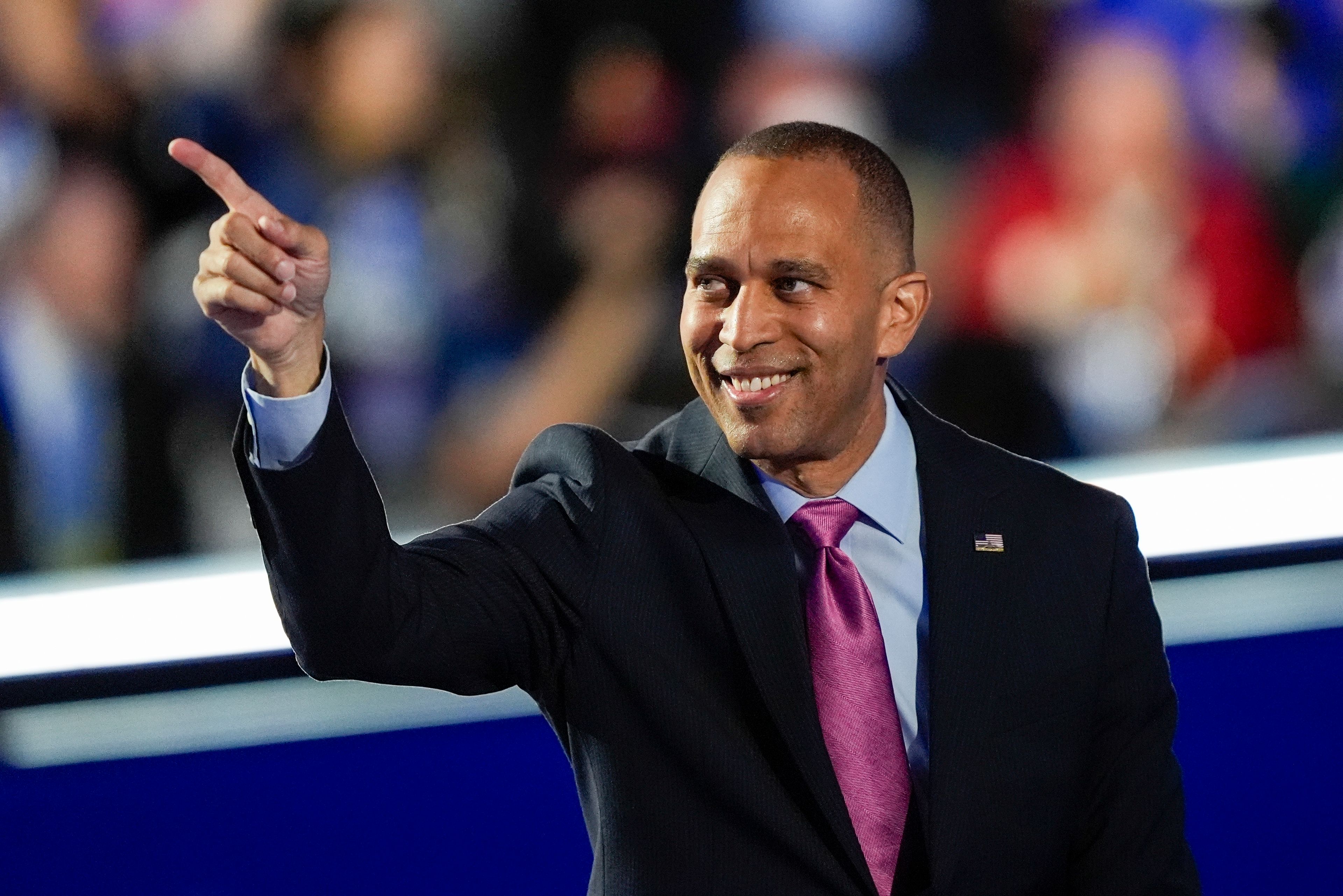 Rep. Hakeem Jeffries, D-NY, during the Democratic National Convention Wednesday, Aug. 21, 2024, in Chicago. (AP Photo/Charles Rex Arbogast)