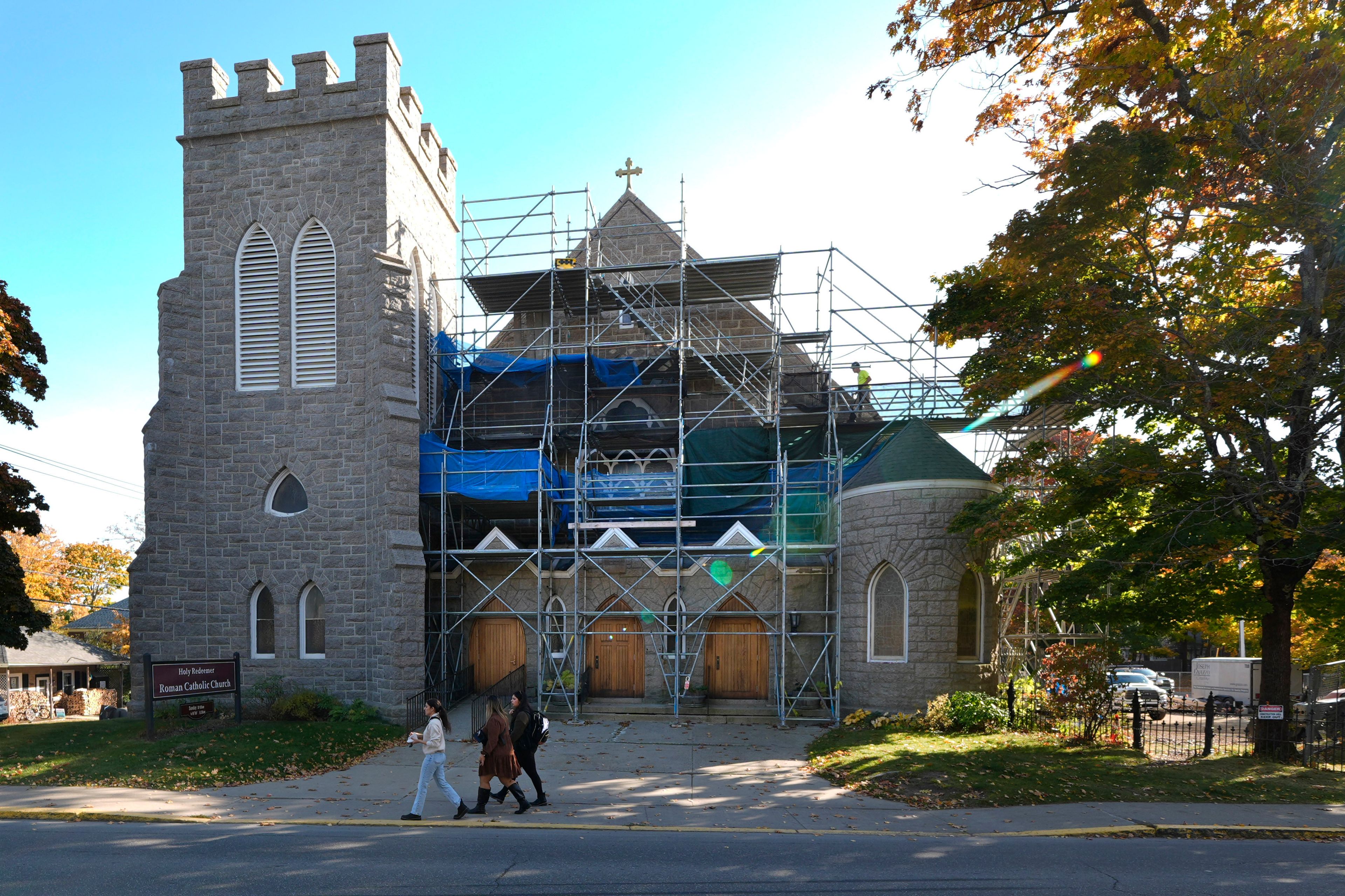 Renovation work continues at the Holy Redeemer Catholic Church, Monday, Oct. 21, 2024, in BarHarbor, Maine. (AP Photo/Robert F. Bukaty)