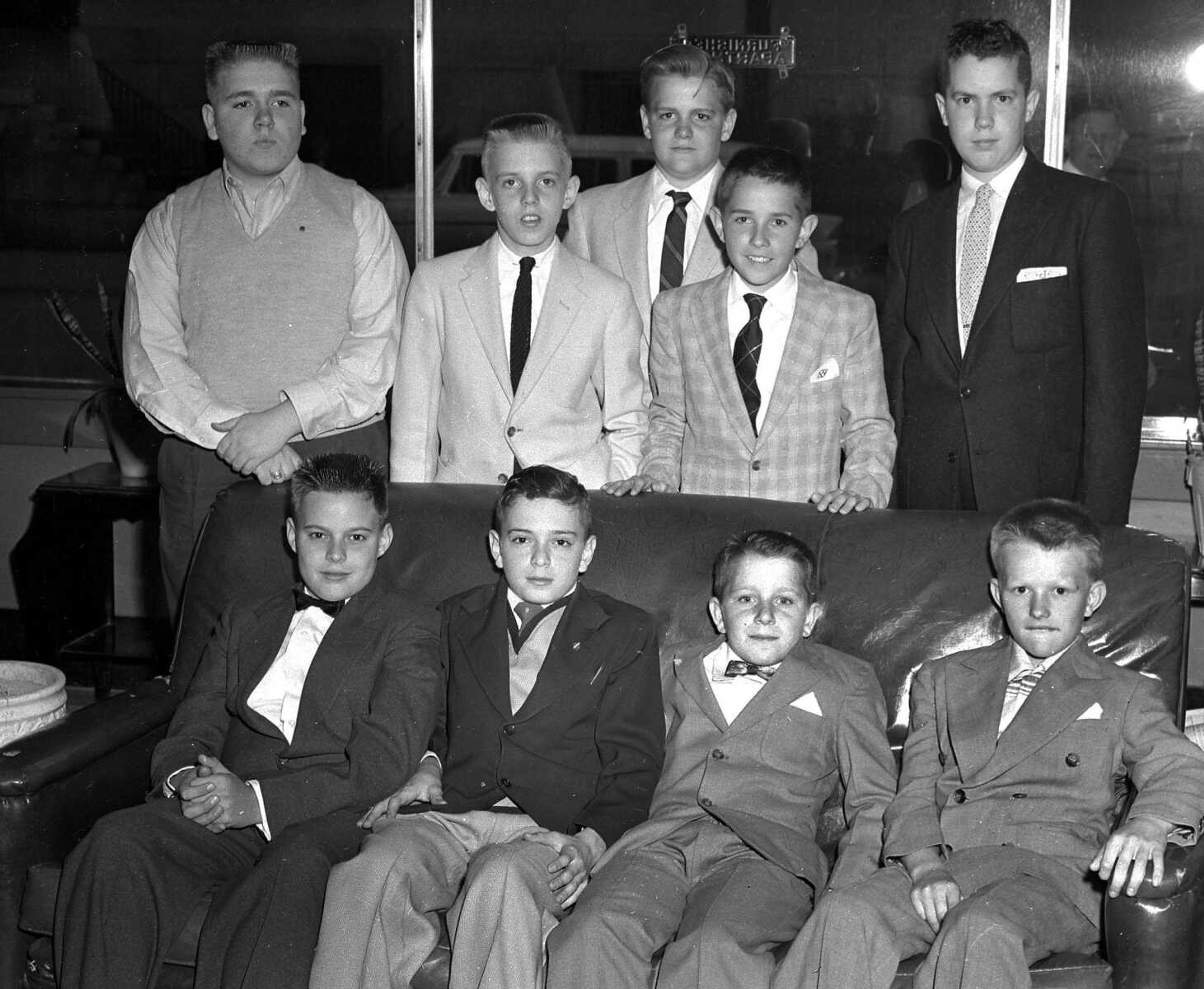 April 13, 1956 Southeast Missourian.
These nine lads participated in the finals of the Optimist Club oratorical contest at the club meeting Thursday night. They are, from left, standing: Kenneth Lipps, William “Skip” Howell, Roger Preston, Bill Swick and John Oliver; seated: Mike Rushing, Jerry Bullock, Buddy Penny and Ronnie Beasley. Winner of the contest was Kenneth Lipps, who also won the title last year. He received a $10 prize and will represent the club in the contest at the district convention in Alton, Illinois. He is the son of Mr. and Mrs. Herbert Lipps, 1108 Independence street. Second place went to Jerry Bullock and third to Skip Howell. (G.D. Fronabarger/Southeast Missourian archive)