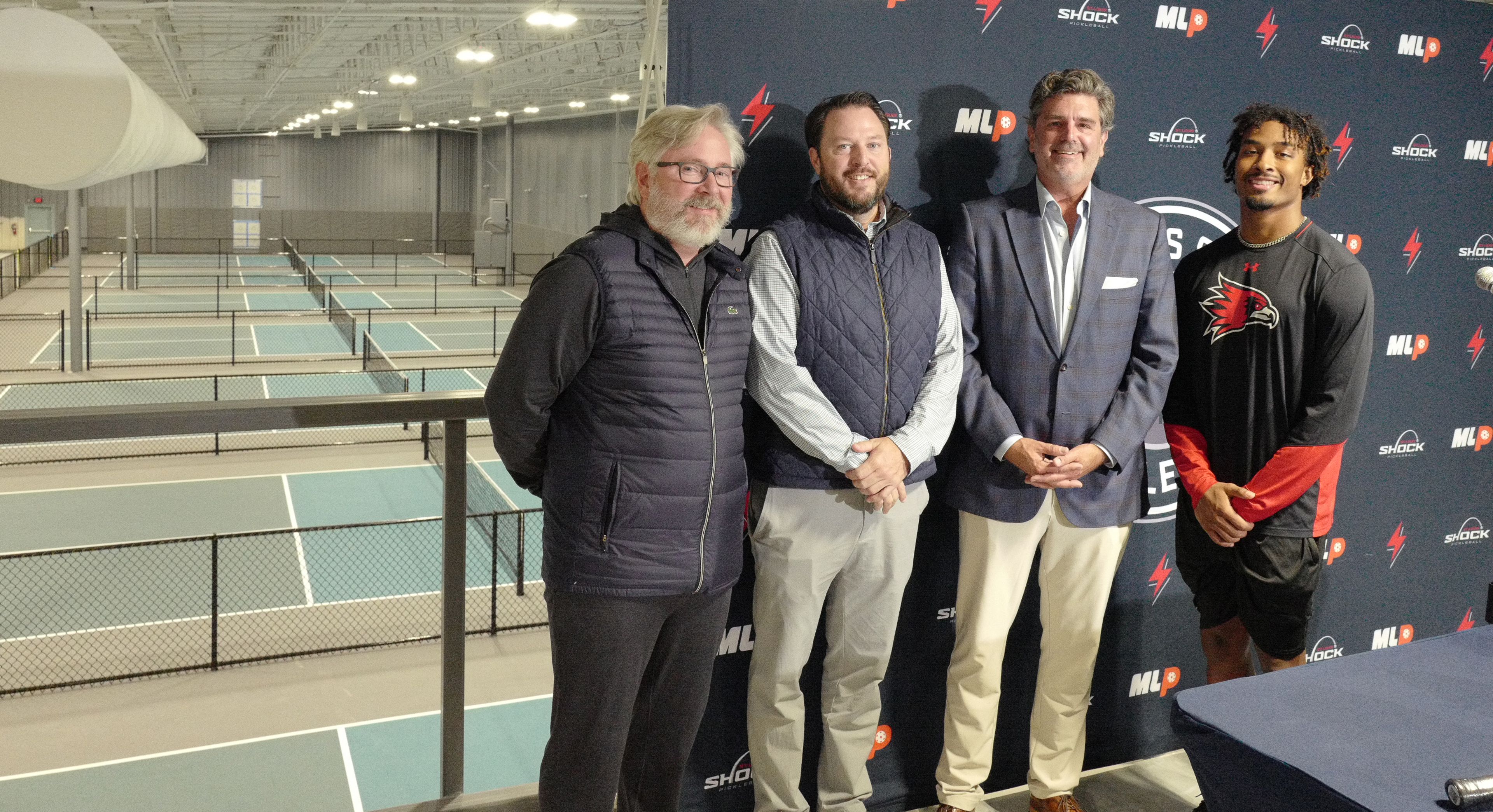 In addition to a collaboration with a Major League Pickleball team, the upcoming Cape Girardeau pickleball facility announced a name, image and likeness deal for a Southeast Missouri State University football player to be a brand ambassador. From left, The Pickleball Factory owner Shannon Davis, St. Louis Shock chief operating officer Andrew Haines, The Pickleball Factory president Jeff Brune and SEMO football player Cam Pedro.