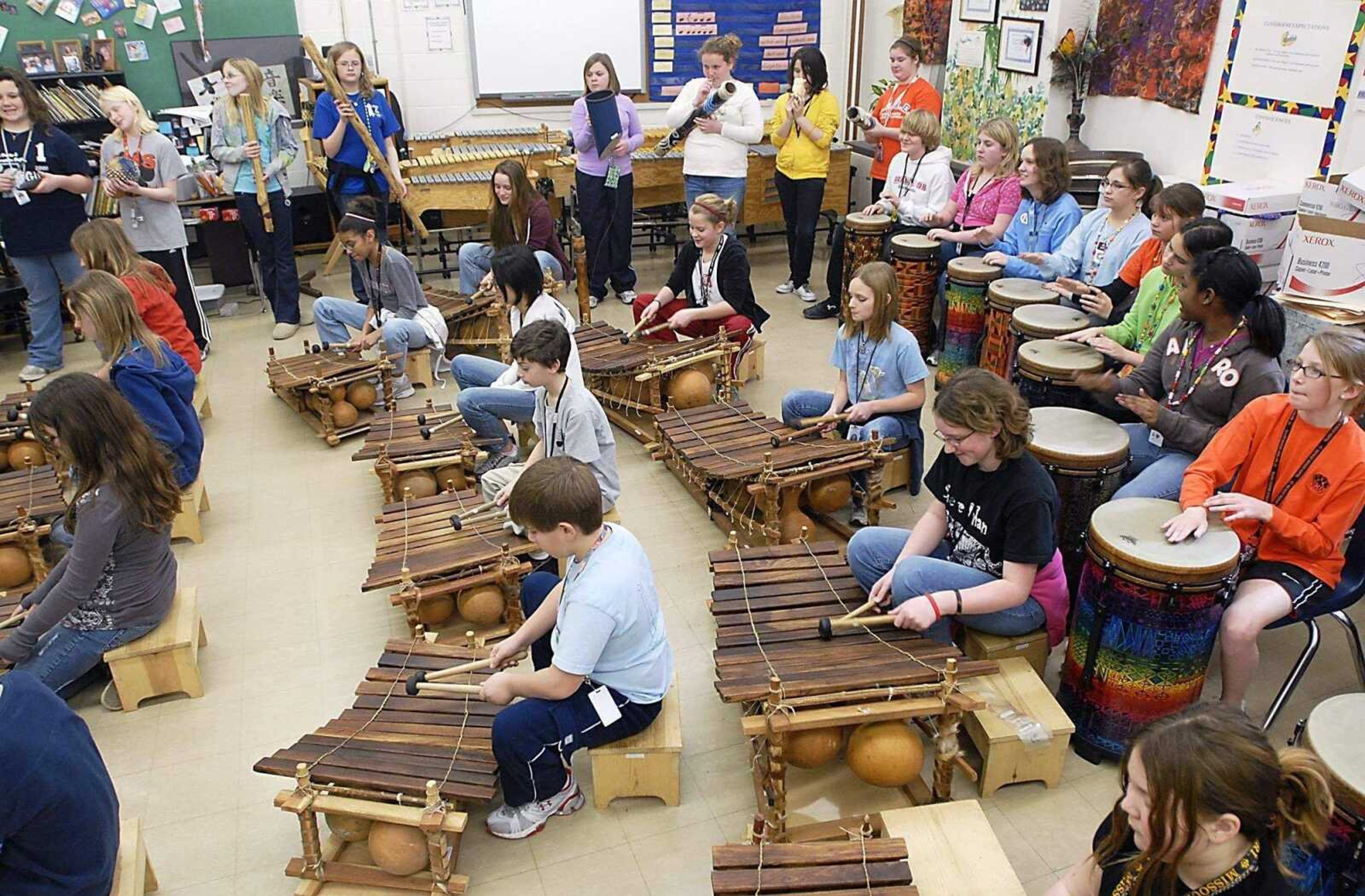 KIT DOYLE ~ kdoyle@semissourian.com<br>The Shere Khan percussion group plays Wednesday at Cape Girardeau Central Middle School. See more photos on page 10C.