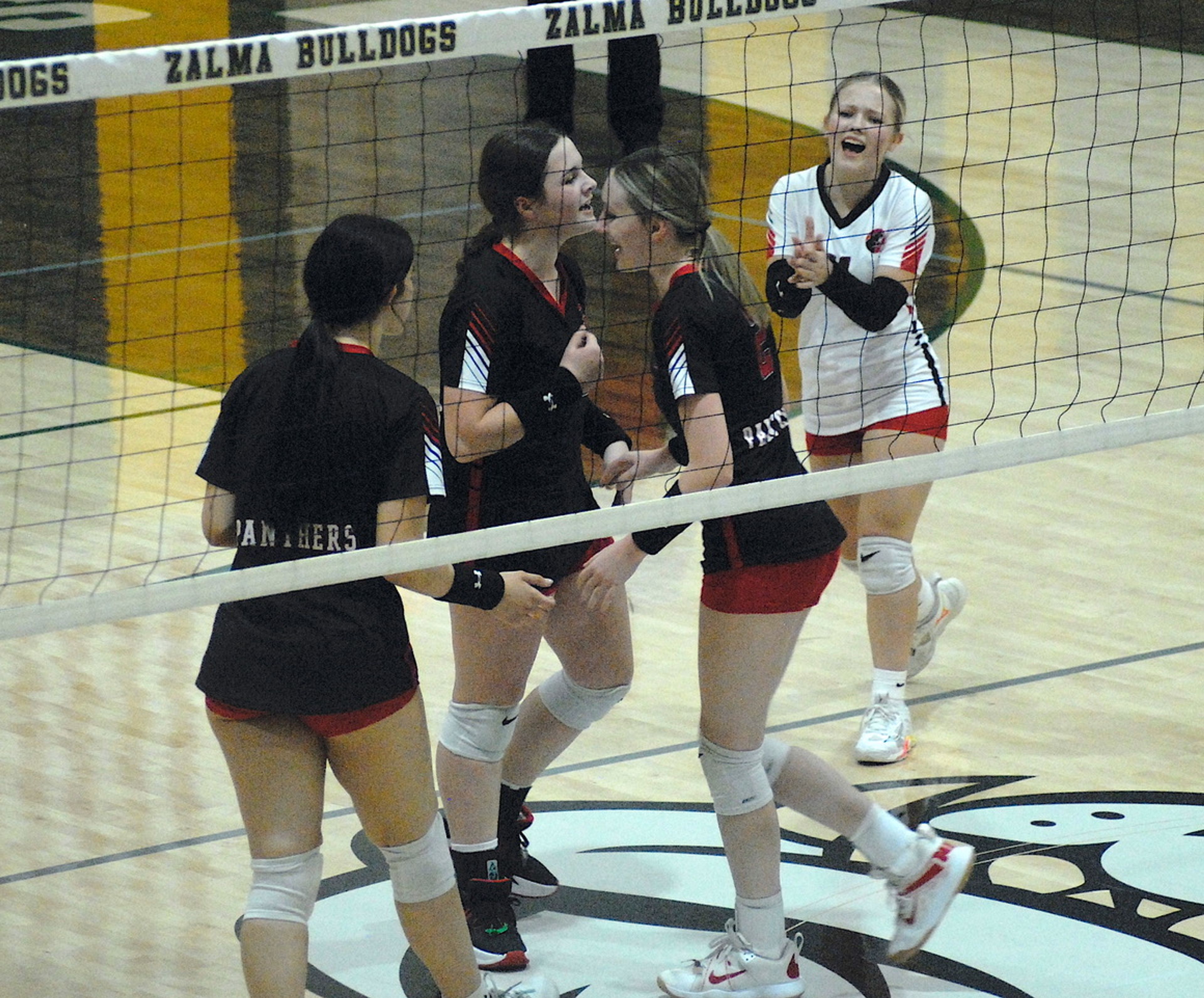 Meadow Heights players celebrate scoring a point against Oran during the Class 1 District 3 Tournament  on Friday, Oct. 25, in Zalma.