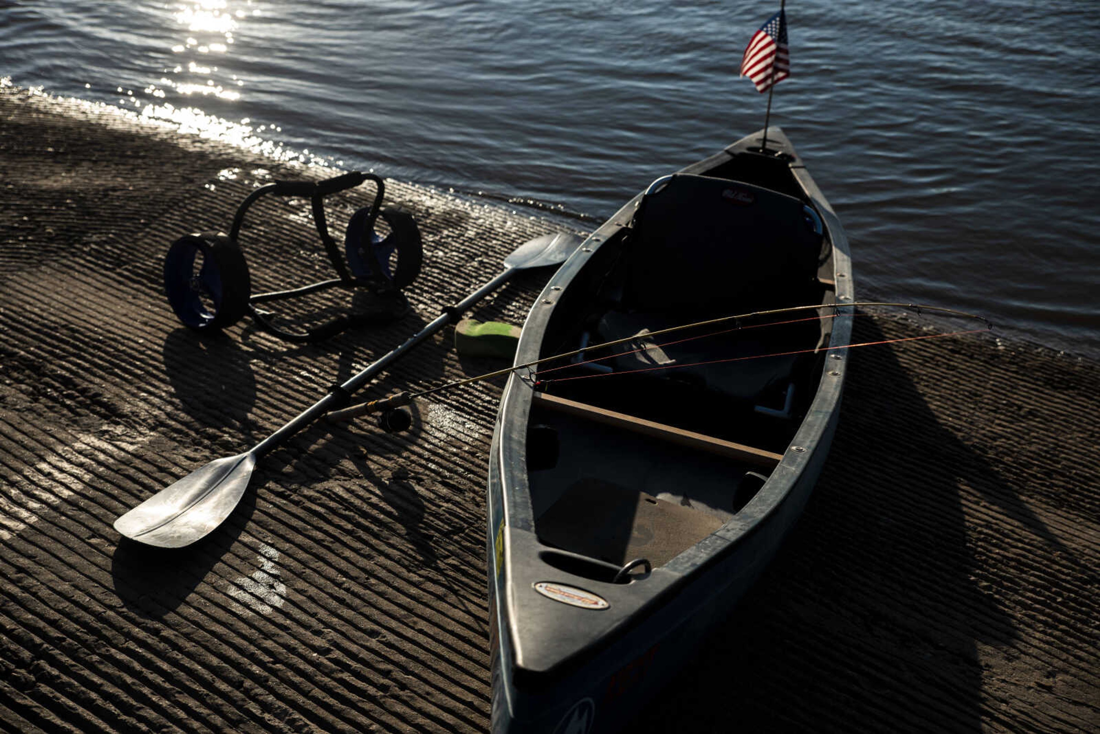 A kayak sits to be prepared for embarkment at the loading dock at Red Star Dock before hitting the water again during their excursion down the Mississippi River Tuesday, Aug. 28, 2018 in Cape Girardeau.