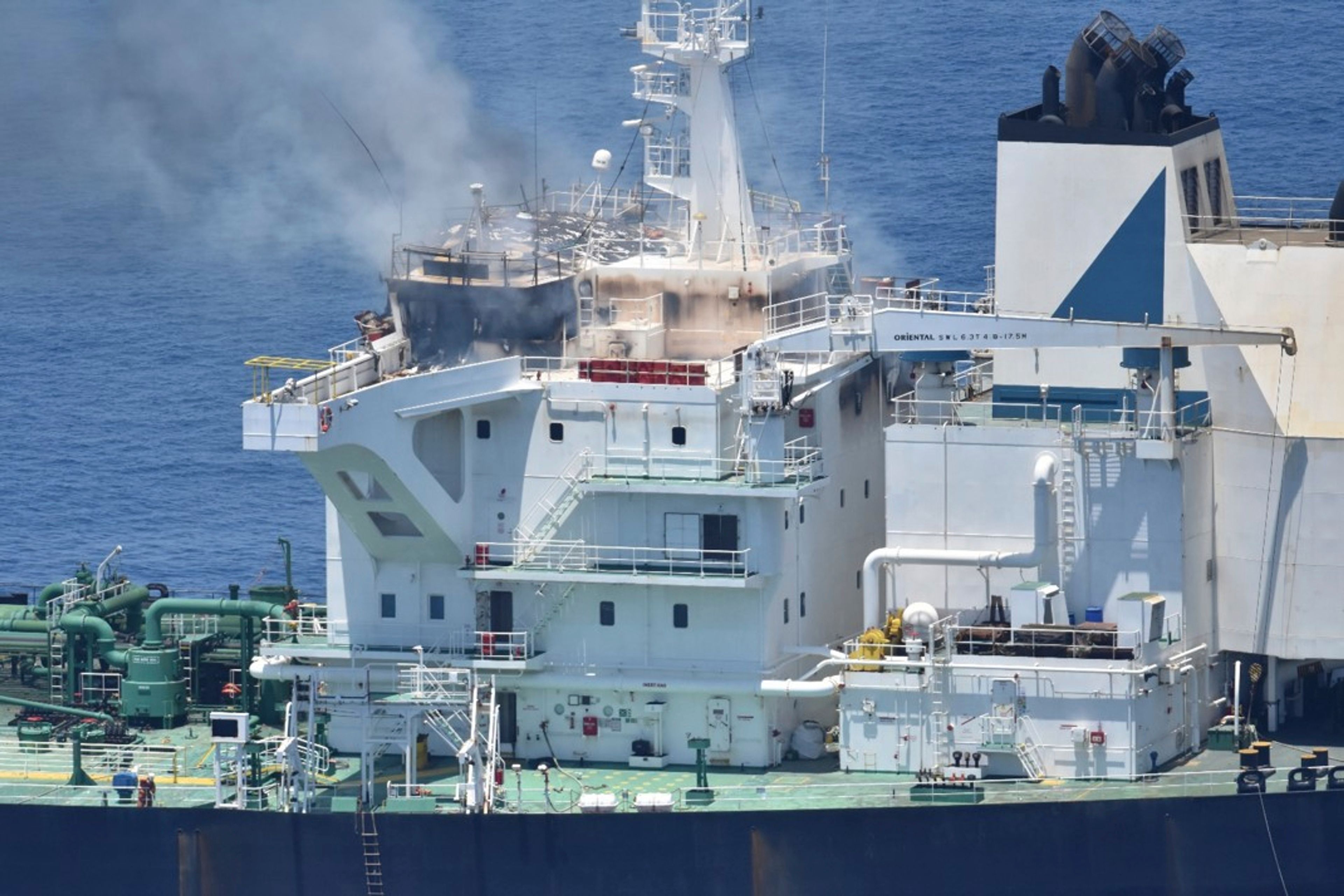 This photo released by the European Union's Operation Aspides shows fires burning aboard the oil tanker Sounion in the Red Sea on Sunday, Aug. 25, 2024. The EU mission said Monday that there were no signs of an oil spill emanating from the Sounion, which came under repeated attack by Yemen's Houthi rebels amid their campaign targeting shipping over the Israel-Hamas war in the Gaza Strip. (European Union's Operation Aspides via AP)